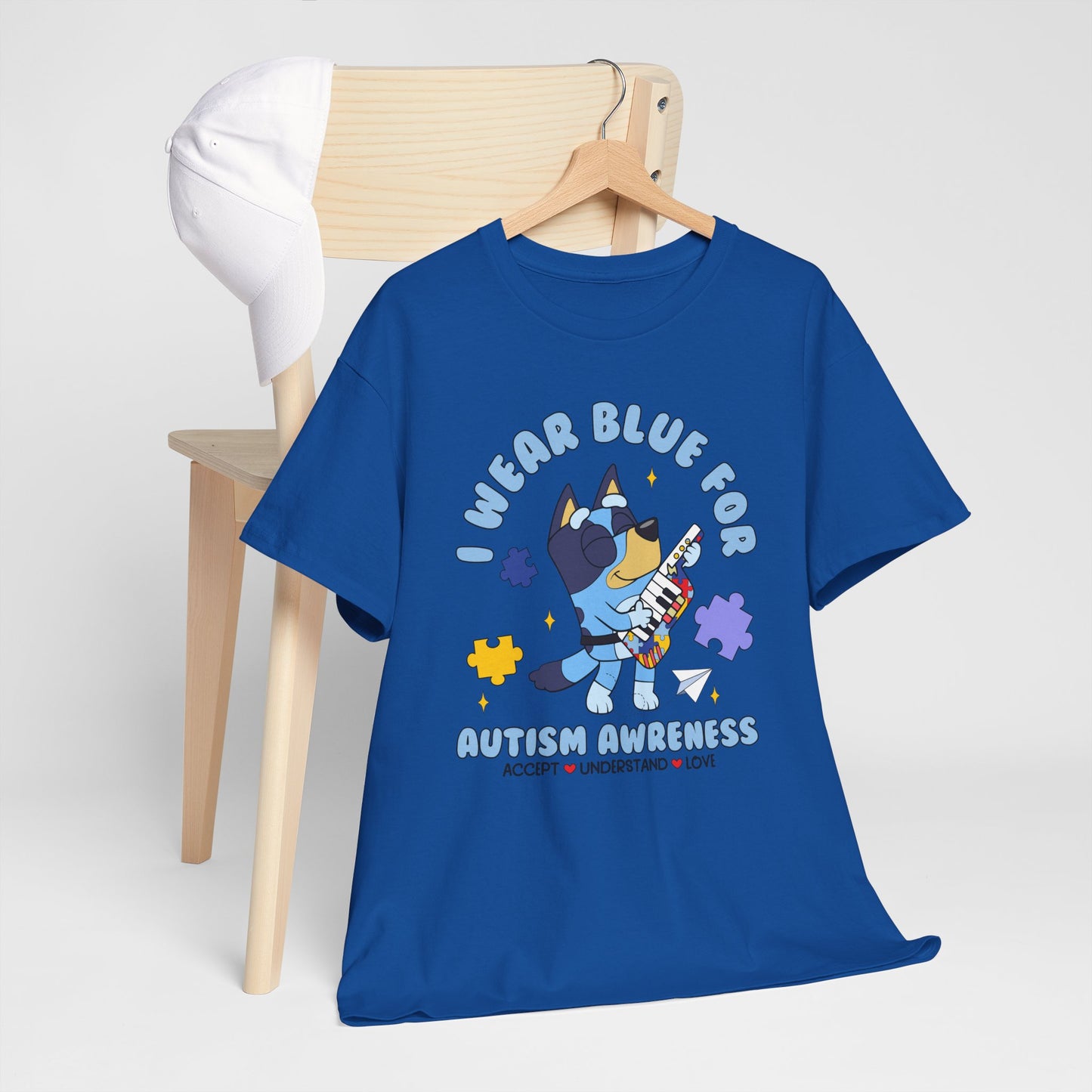 Autism Awareness T-Shirt — "I Wear Blue For" Cute Cat Puzzle Design