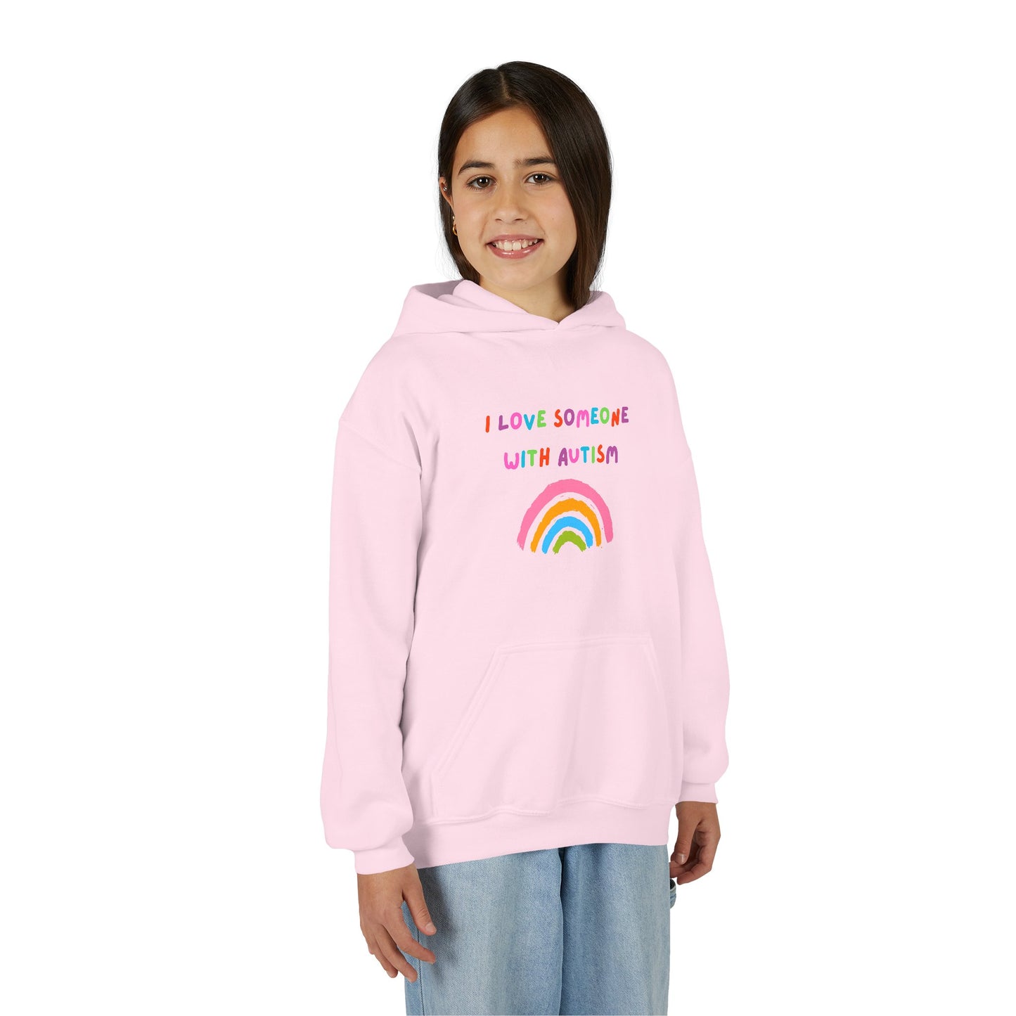 Youth Hoodie — "I Love Someone With Autism" Rainbow Support Sweatshirt