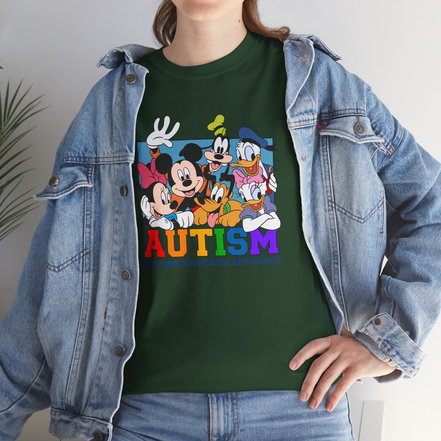 Autism Awareness T-Shirt — "AUTISM: Support Educate Advocate" with Cartoon Characters