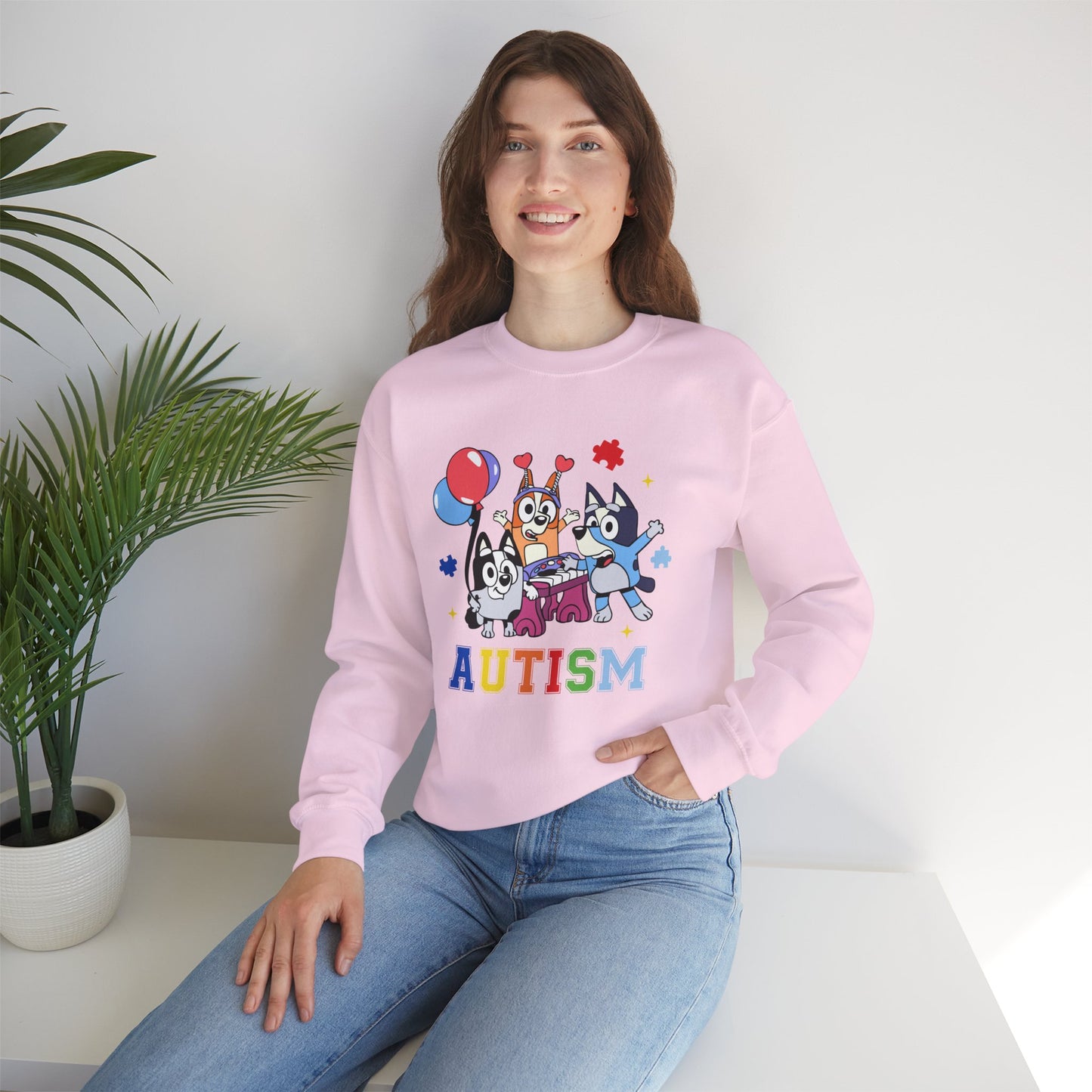 Autism Support Crewneck Sweatshirt — Colorful Bluey-Style Characters & 'AUTISM' Design