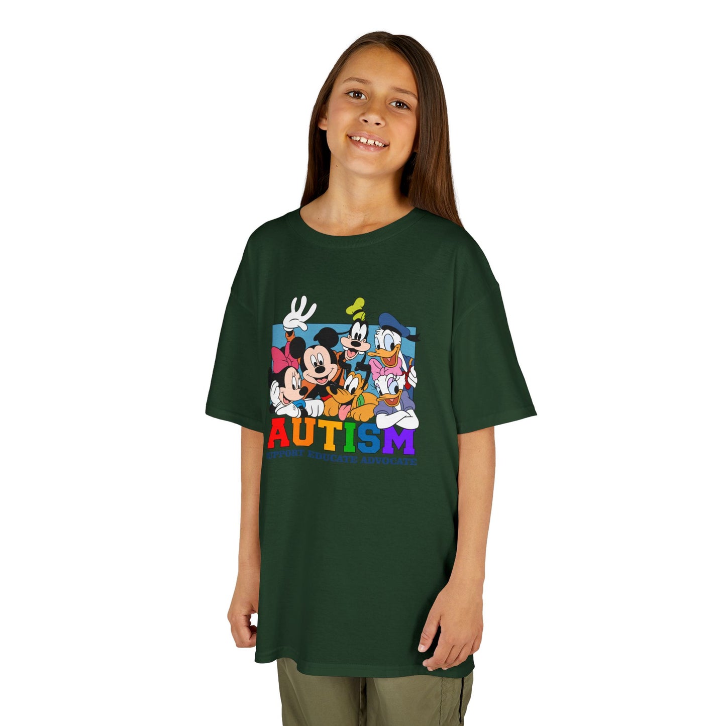 Kids Autism Awareness T-Shirt — Support, Educate, Advocate (Rainbow Letters)