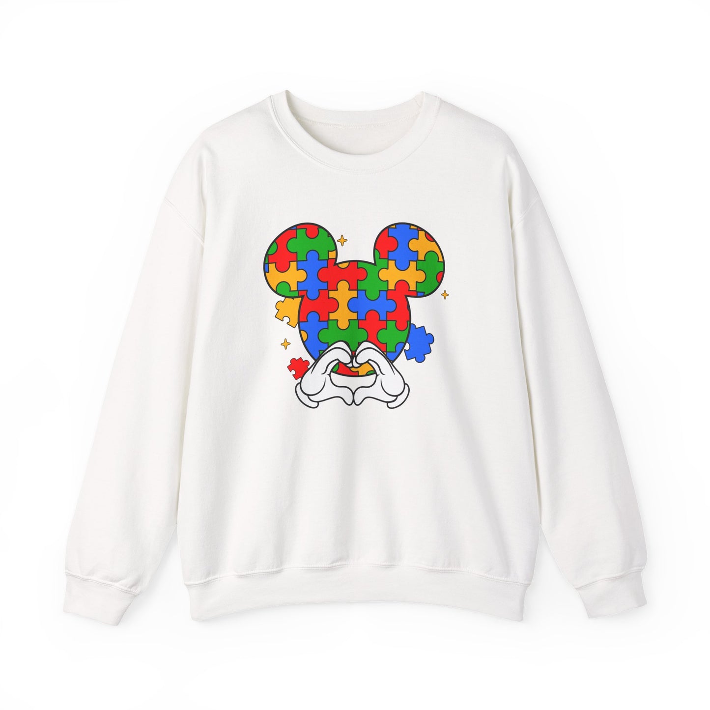 Autism Puzzle Mouse Crewneck Sweatshirt – Colorful Heart Hands Design