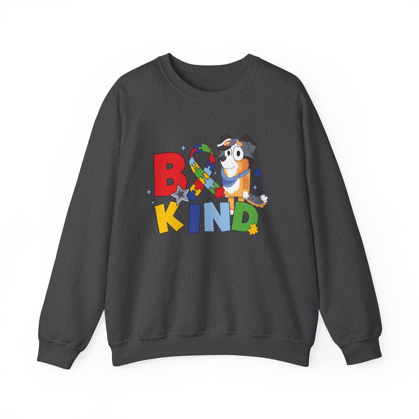 Be Kind Crewneck Sweatshirt — Autism Awareness Puzzle Ribbon Dog Design