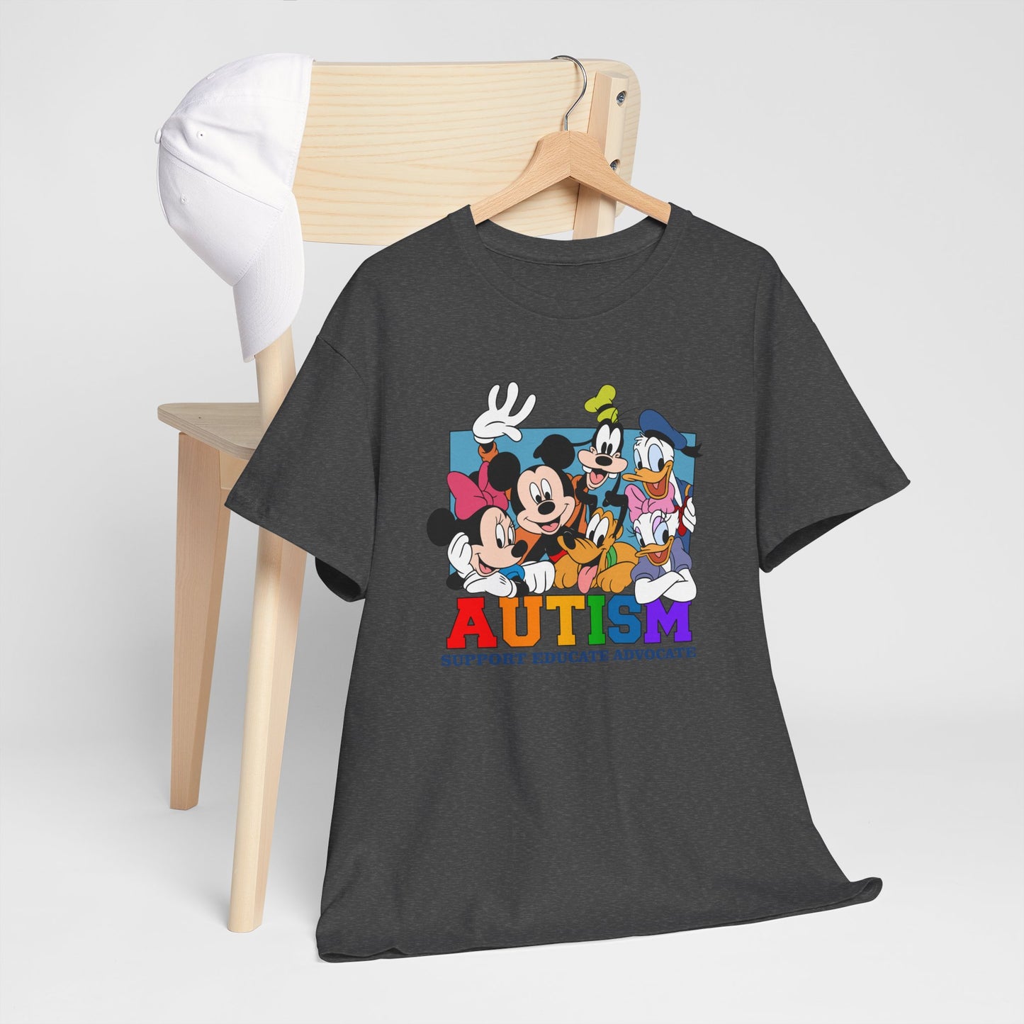 Autism Awareness T-Shirt — "AUTISM: Support Educate Advocate" with Cartoon Characters