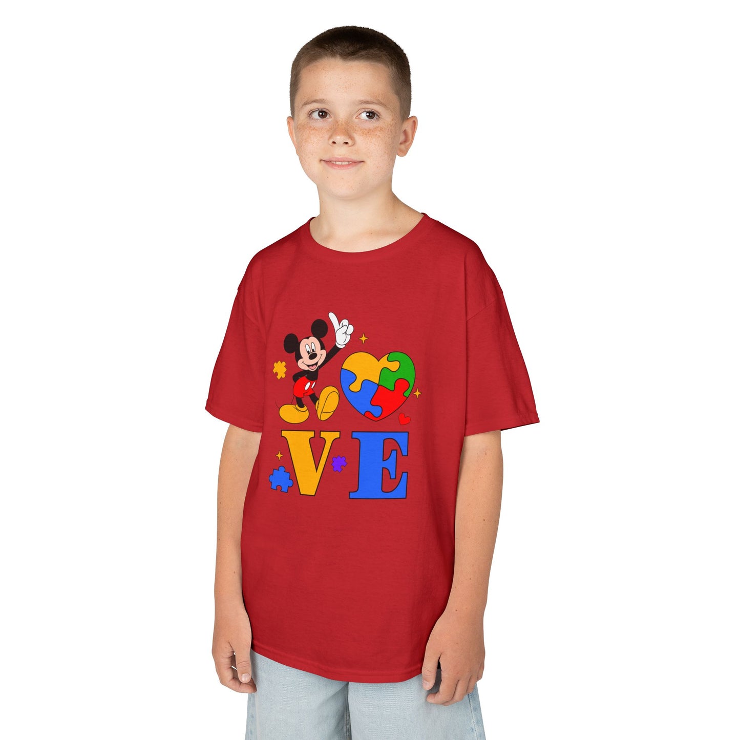 Kids Autism Awareness LOVE T‑Shirt — Puzzle Heart & Cartoon Character Design