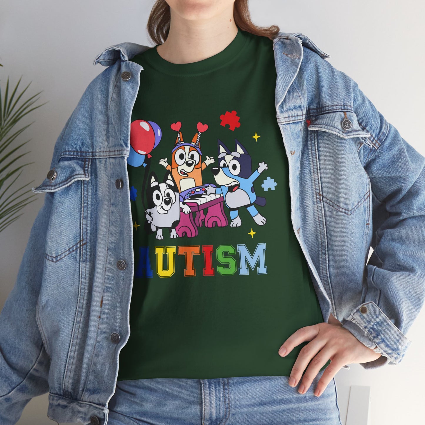 Autism Awareness Kids Tee — Colorful Cartoon Characters with 'AUTISM' Text