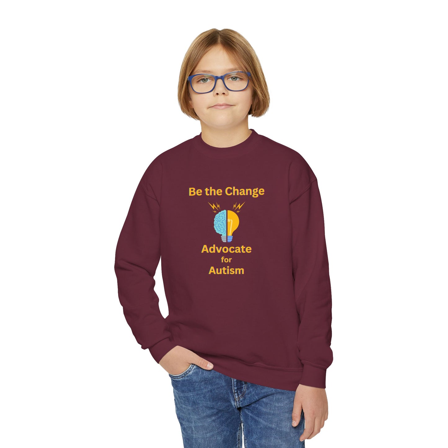 Advocate for Autism Youth Crewneck Sweatshirt — "Be the Change" Awareness Pullover