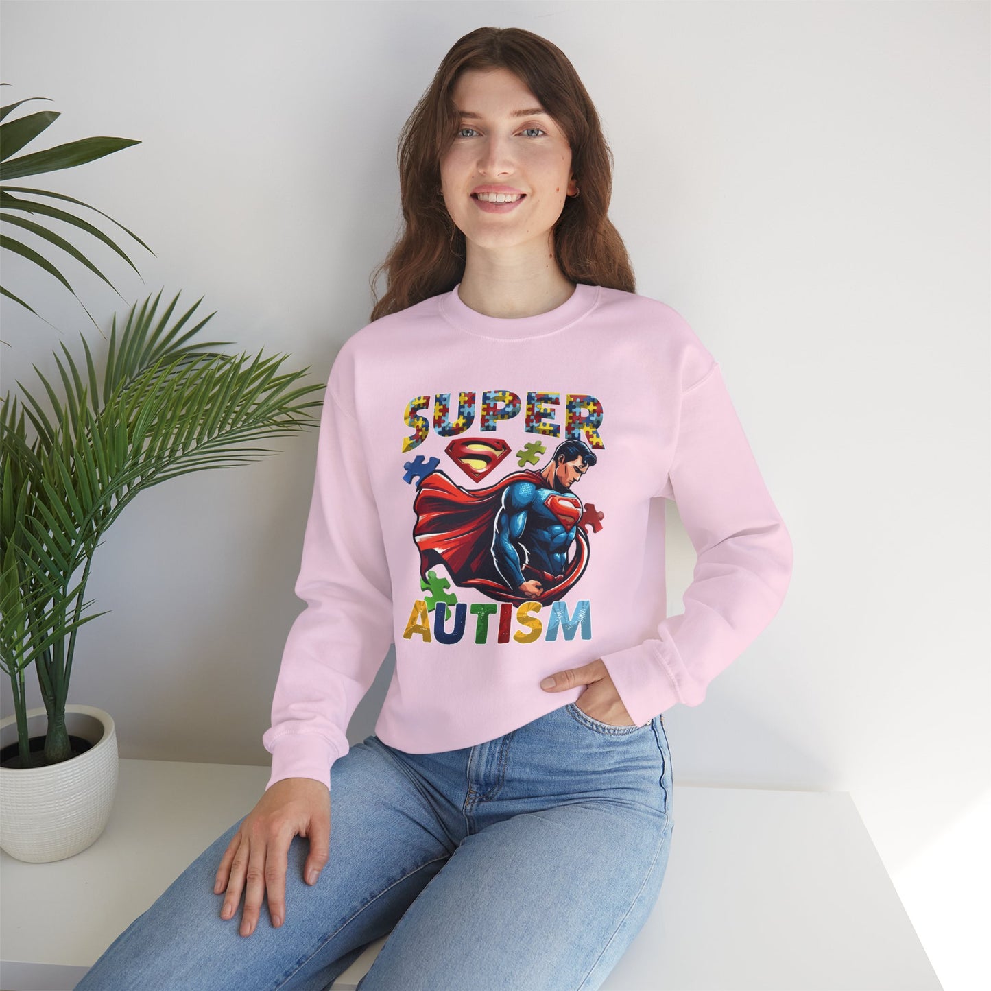 Autism Awareness Crewneck Sweatshirt – "Super Autism" Puzzle-Print Superhero Design