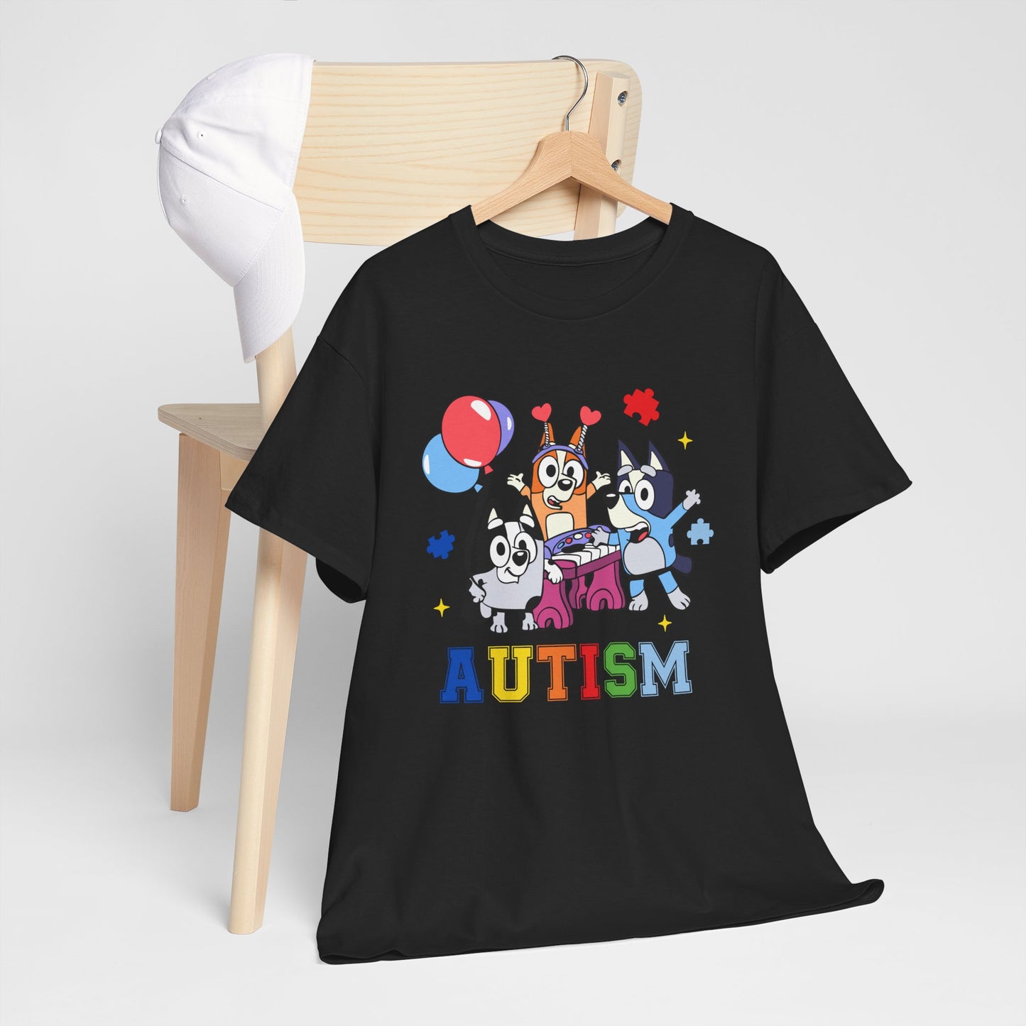 Autism Awareness Kids Tee — Colorful Cartoon Characters with 'AUTISM' Text