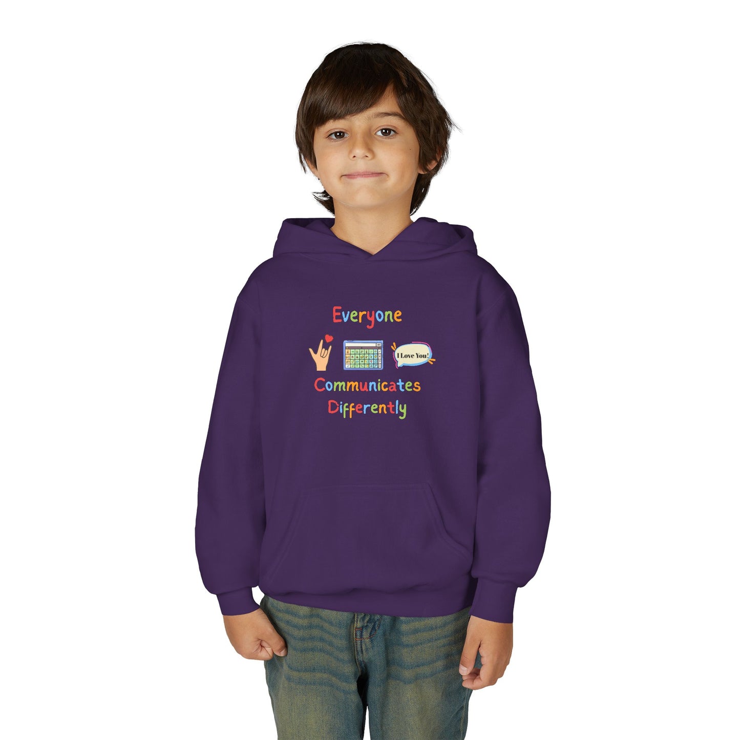 Youth Hoodie — "Everyone Communicates Differently" AAC Awareness Hoodie
