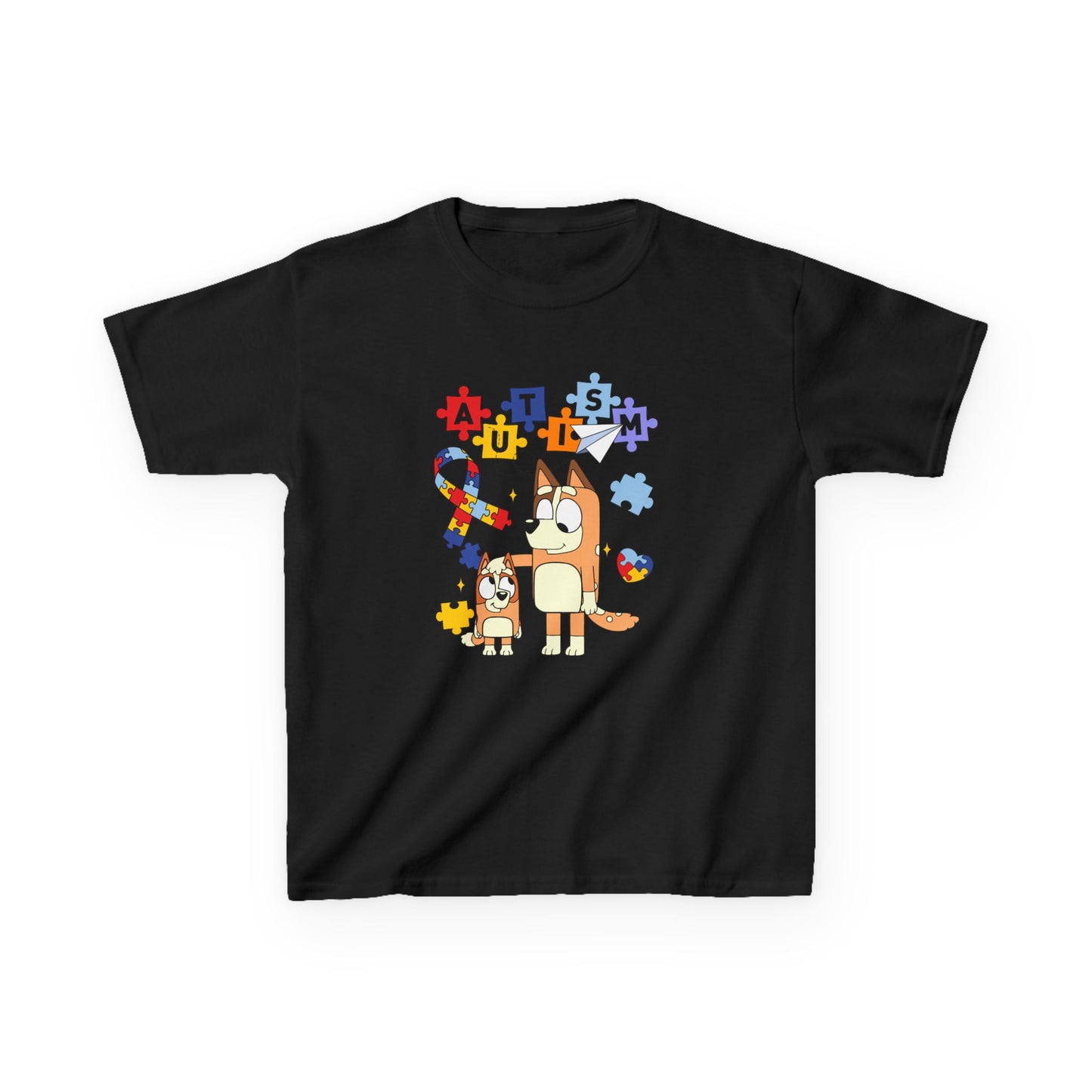 Kids Autism Awareness T-Shirt — Colorful Puzzle Heart & Cartoon Dog Design