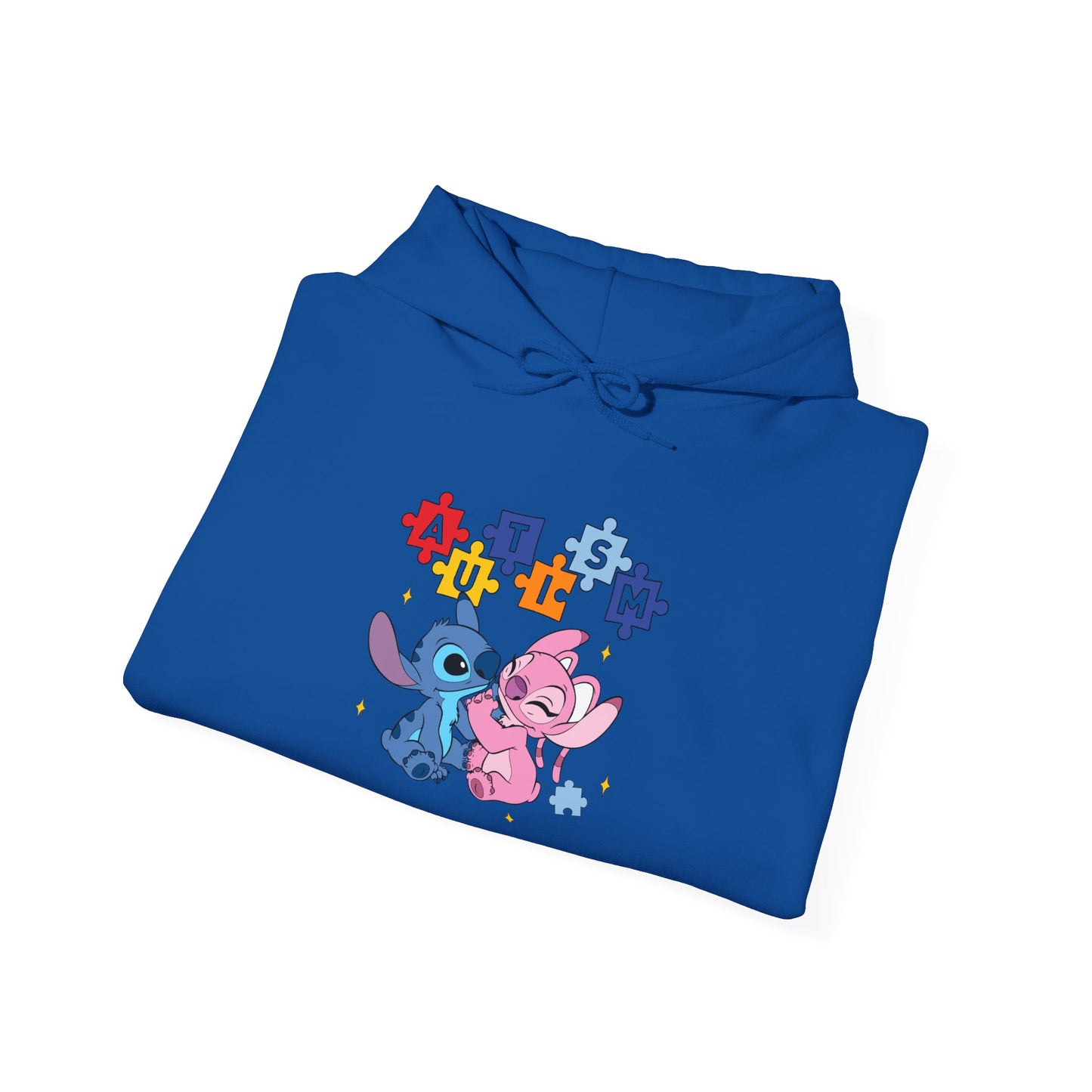 Cute Alien Pals Hoodie — Pink & Blue Cartoon Stitch-Style Characters with Puzzle Heart