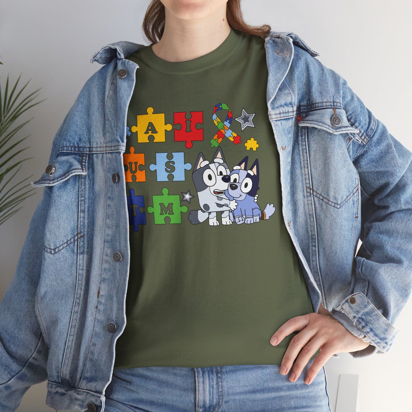 Autism Awareness Puzzle Pieces T-Shirt with Cute Husky & Ribbon