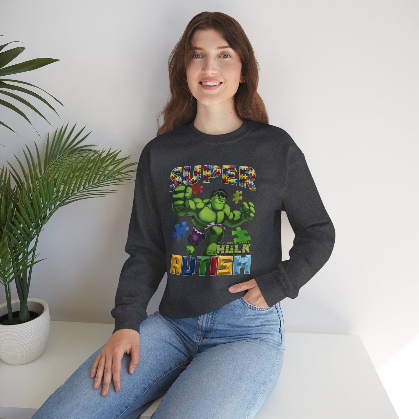 Autism Superhero Sweatshirt — "Super Autism" Puzzle-Print Crewneck