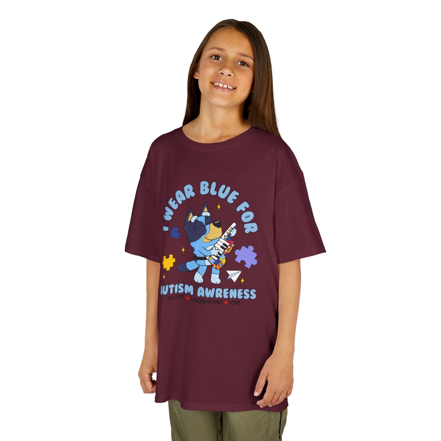 Kids Tee — 'I Wear Blue for Autism Awareness' Cute Puzzle-Heart Design