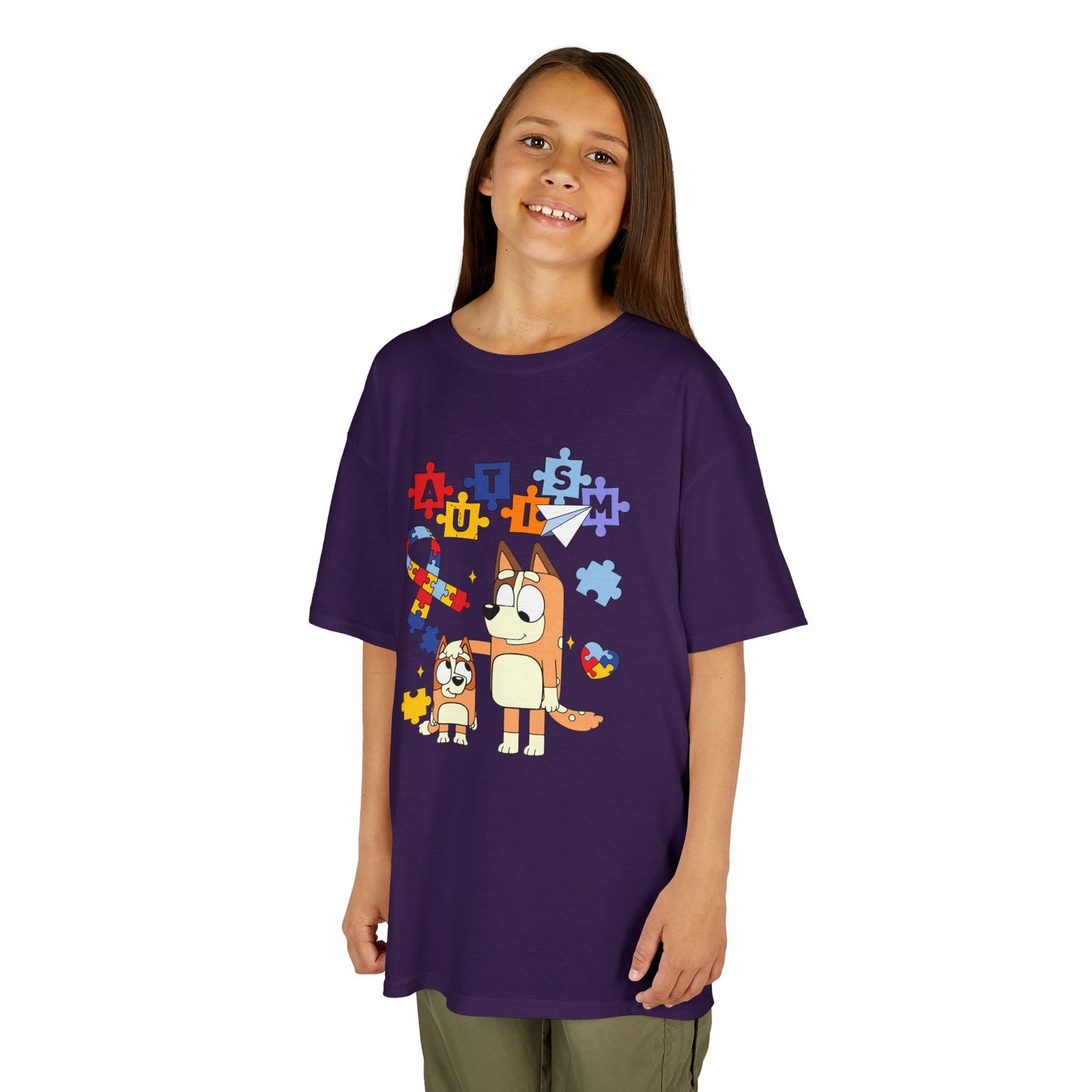 Kids Autism Awareness T-Shirt — Colorful Puzzle Heart & Cartoon Dog Design