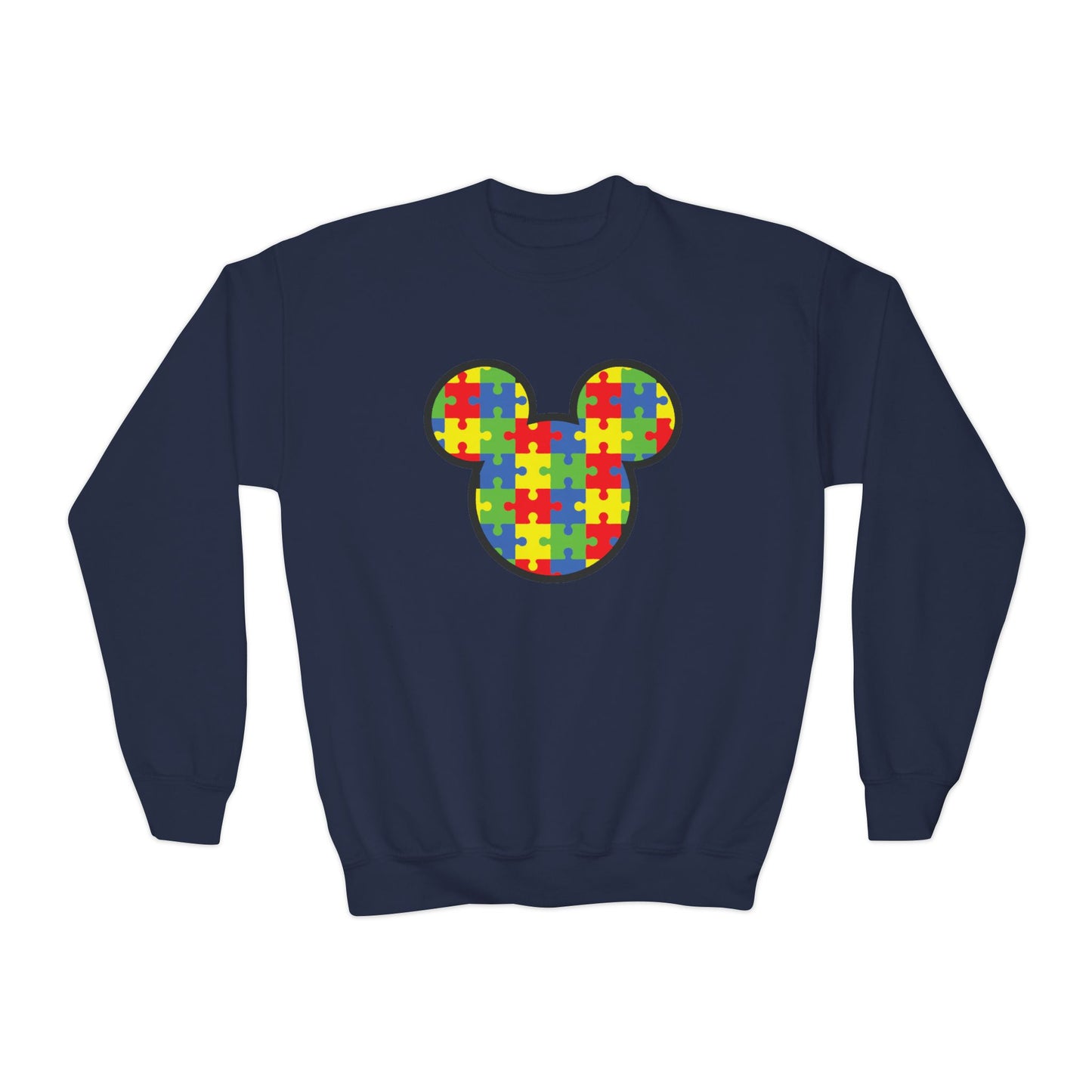 Puzzle Mickey Youth Crewneck Sweatshirt - Colorful Autism Awareness Design