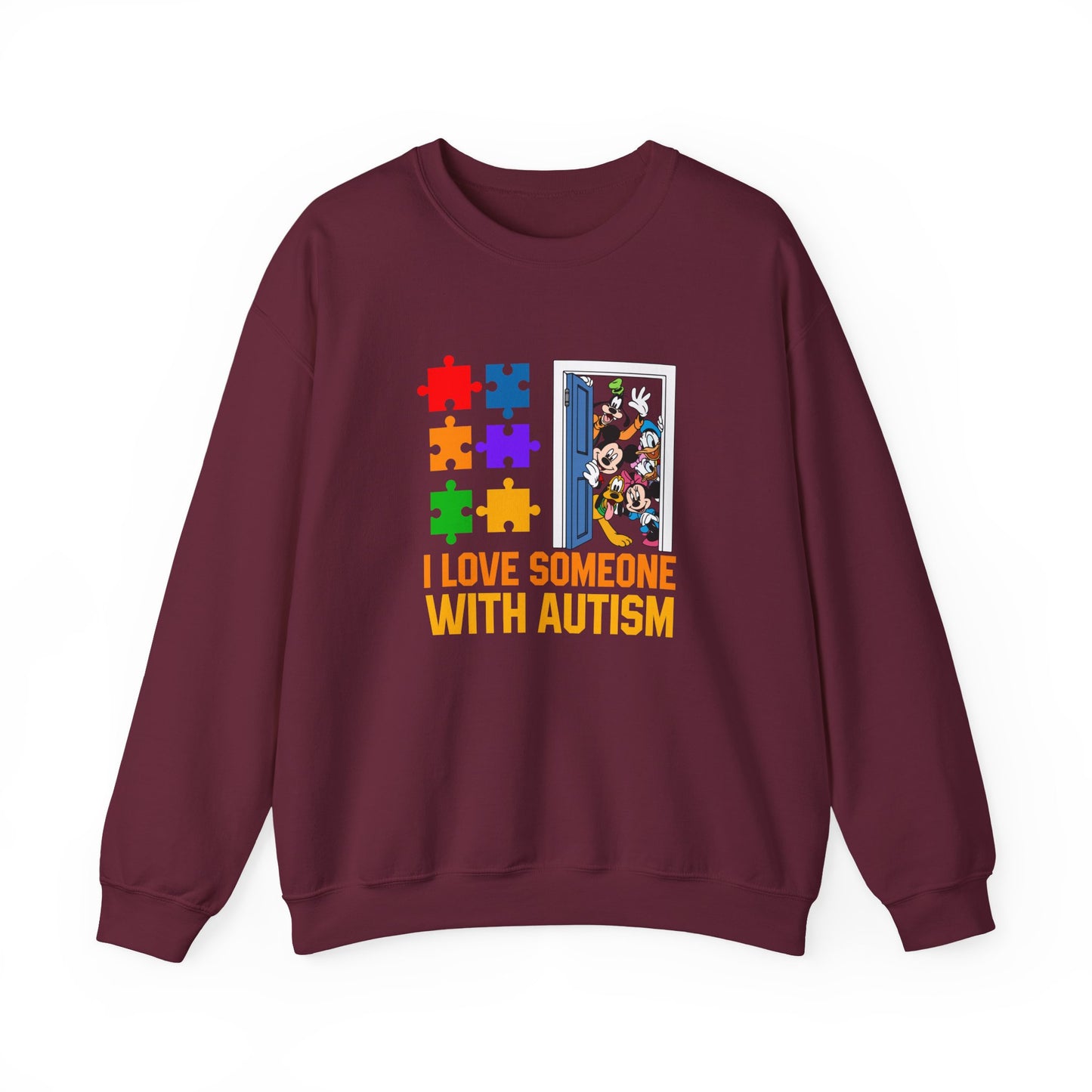 Autism Awareness Crewneck Sweatshirt — "I Love Someone With Autism" Puzzle Heart Design
