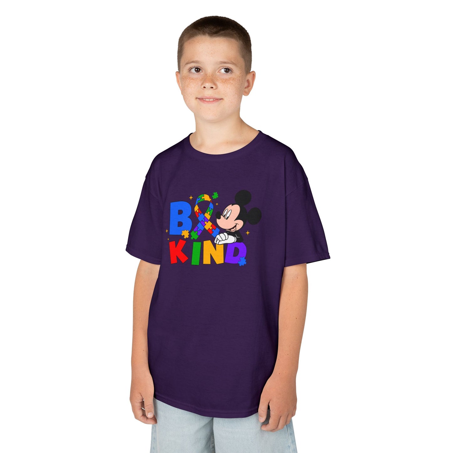 Kids Tee — "Be Kind" Rainbow Cartoon Character Graphic