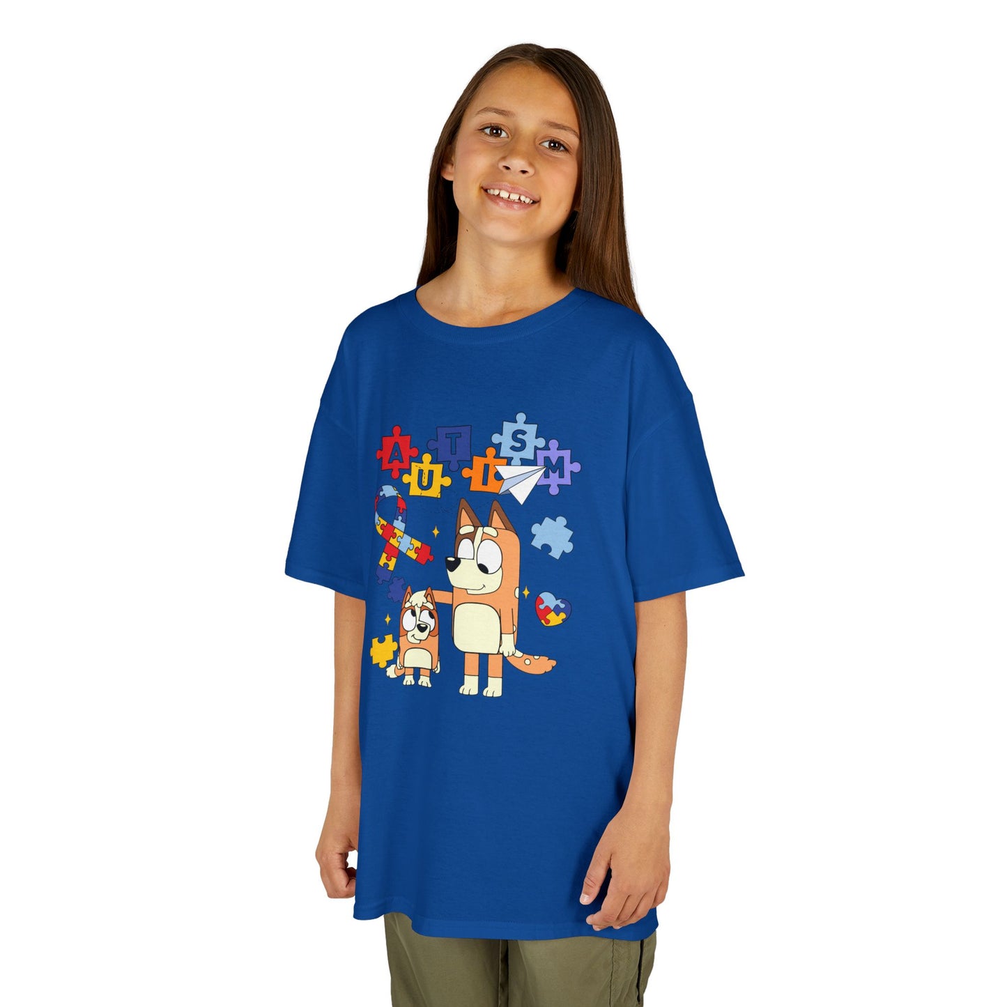 Kids Autism Awareness T-Shirt — Colorful Puzzle Heart & Cartoon Dog Design