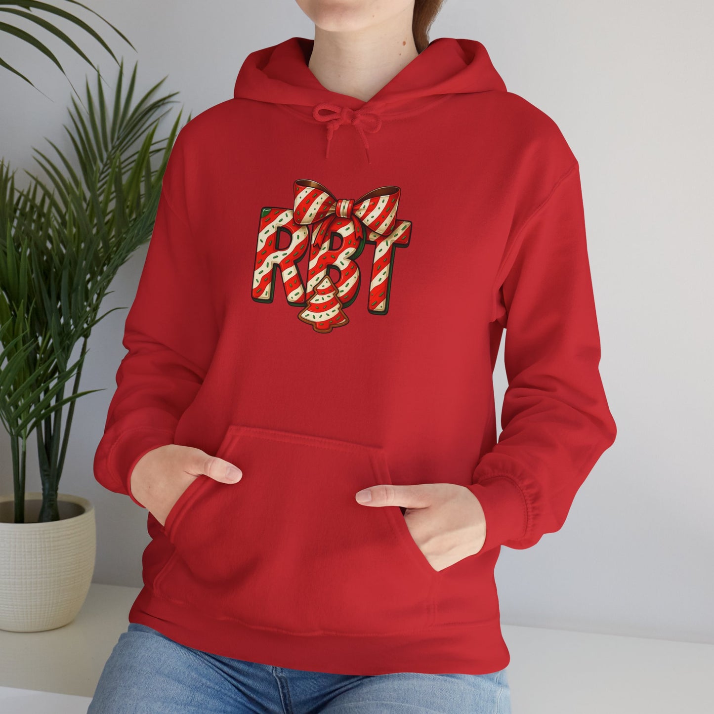 Lil Debbie 'RBT' Tree Cake Holiday Graphic Hoodie — Festive Red Striped Bow Holiday Sweatshirt