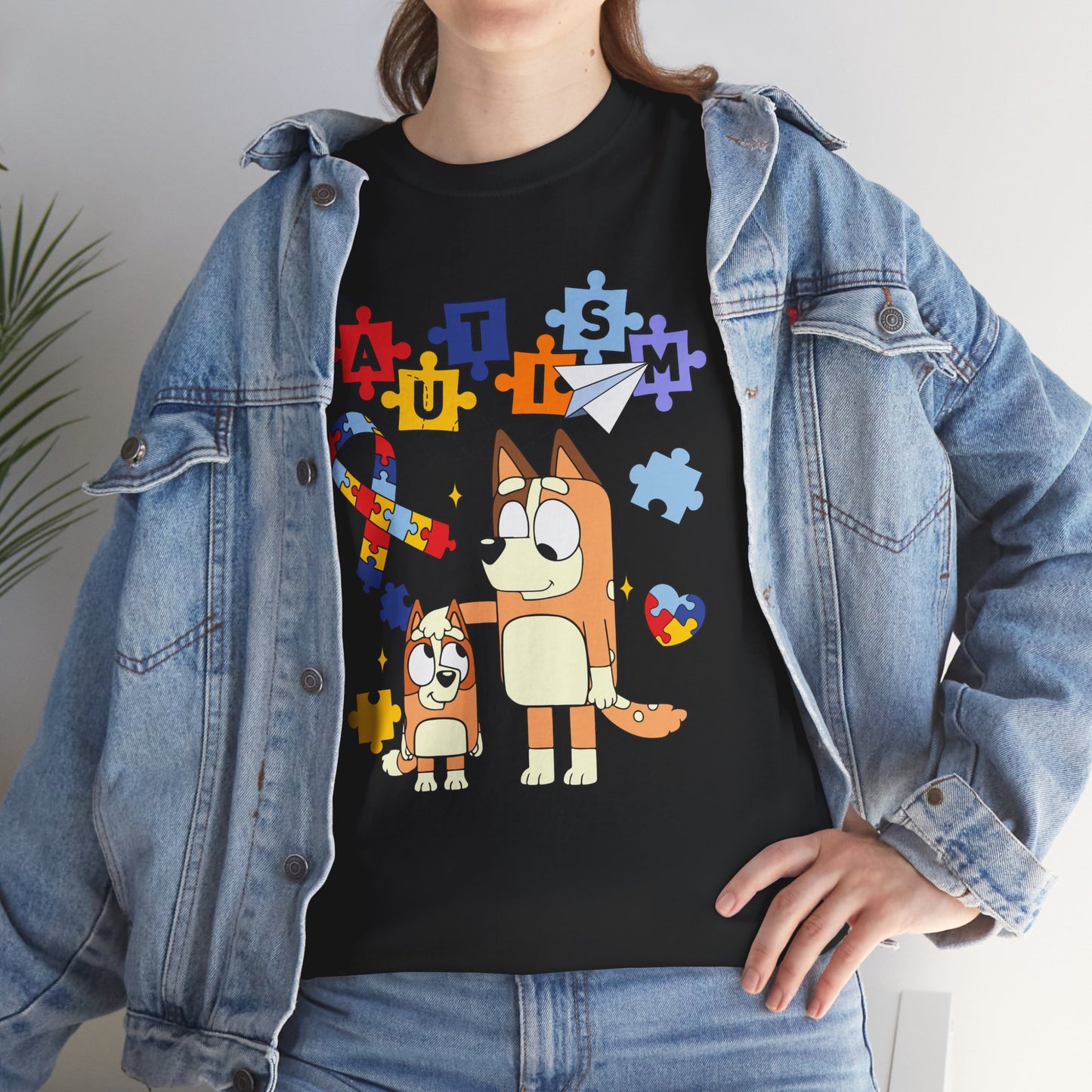 Autism Awareness Puzzle Ribbon Tee — Cute Red Dog Family Design