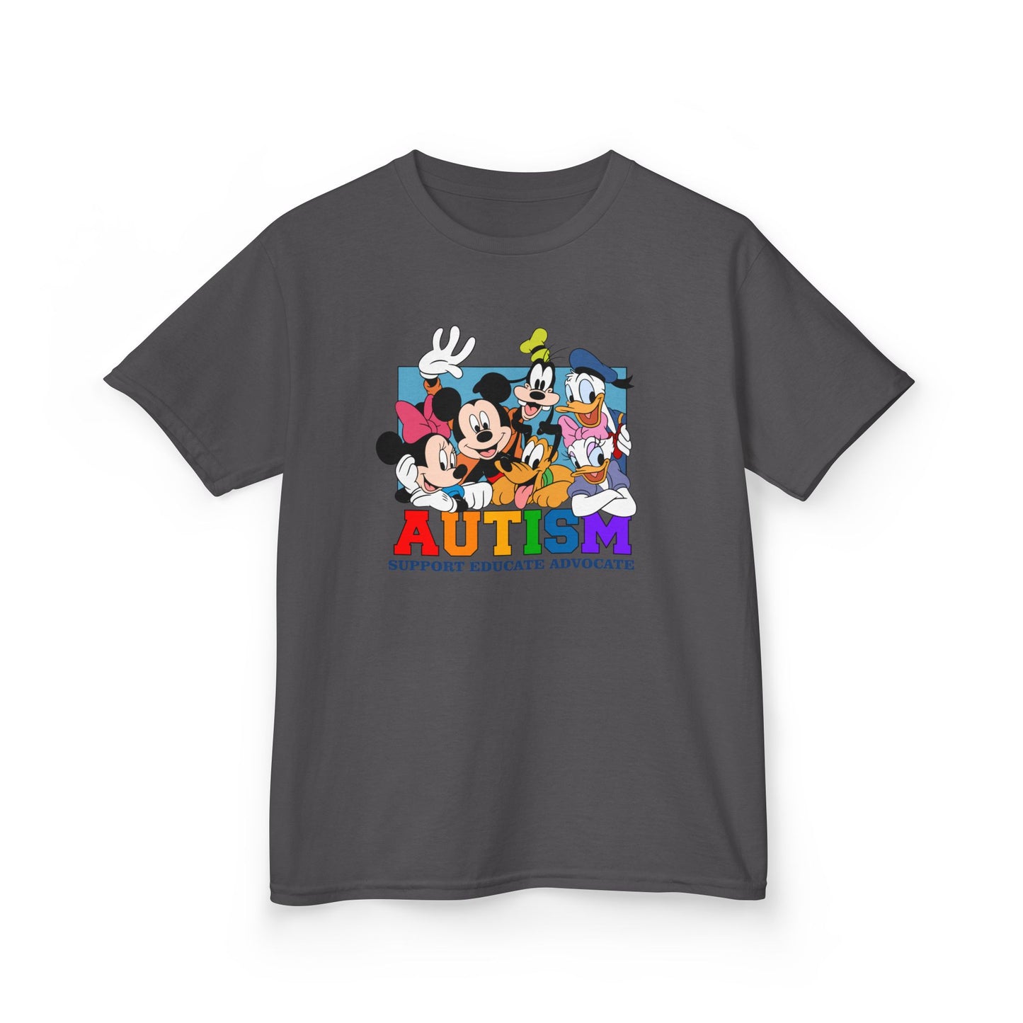 Kids Autism Awareness T-Shirt — Support, Educate, Advocate (Rainbow Letters)