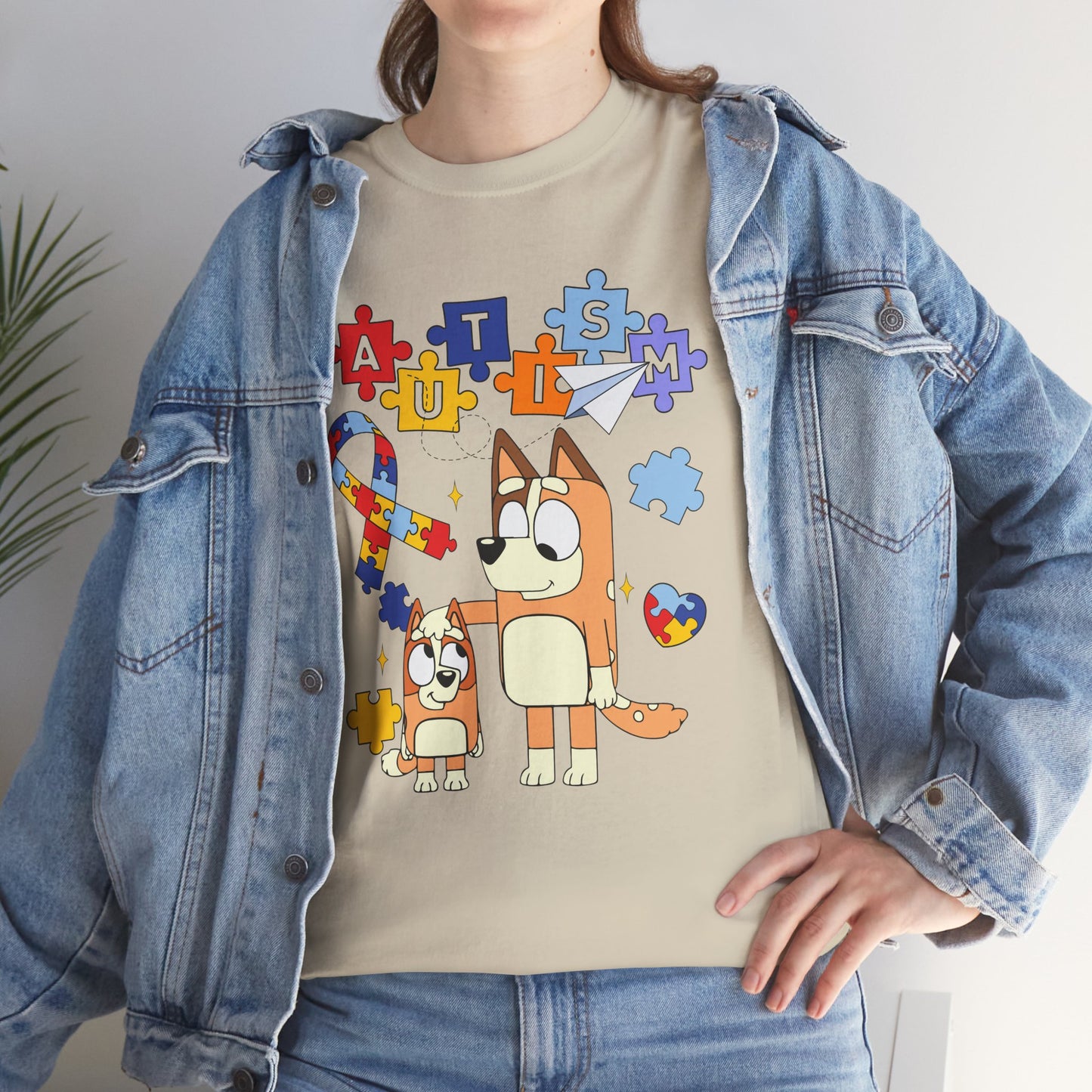 Autism Awareness Puzzle Ribbon Tee — Cute Red Dog Family Design