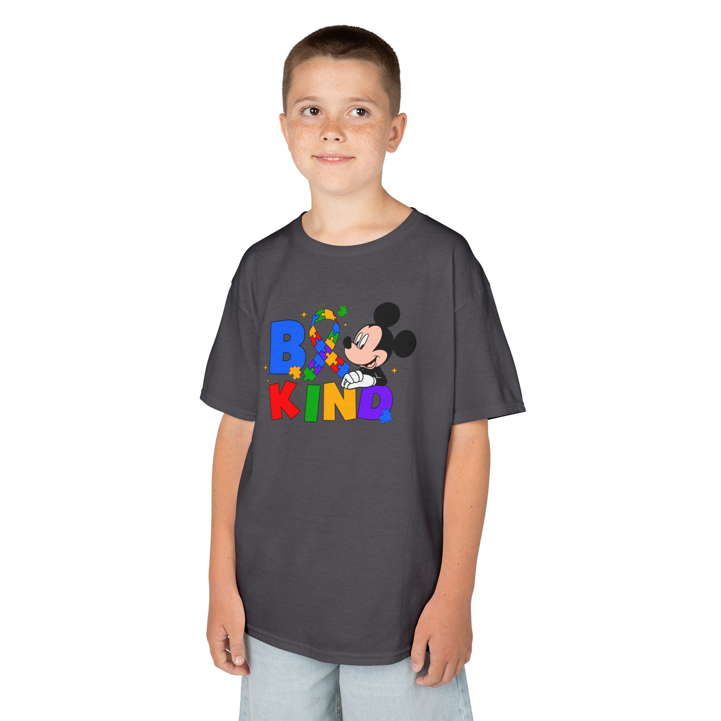 Kids Tee — "Be Kind" Rainbow Cartoon Character Graphic