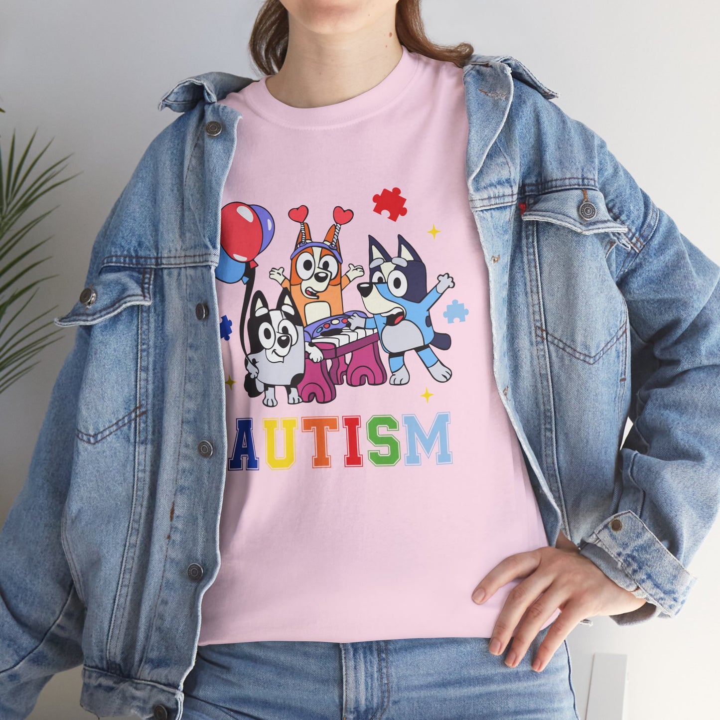 Autism Awareness Kids Tee — Colorful Cartoon Characters with 'AUTISM' Text