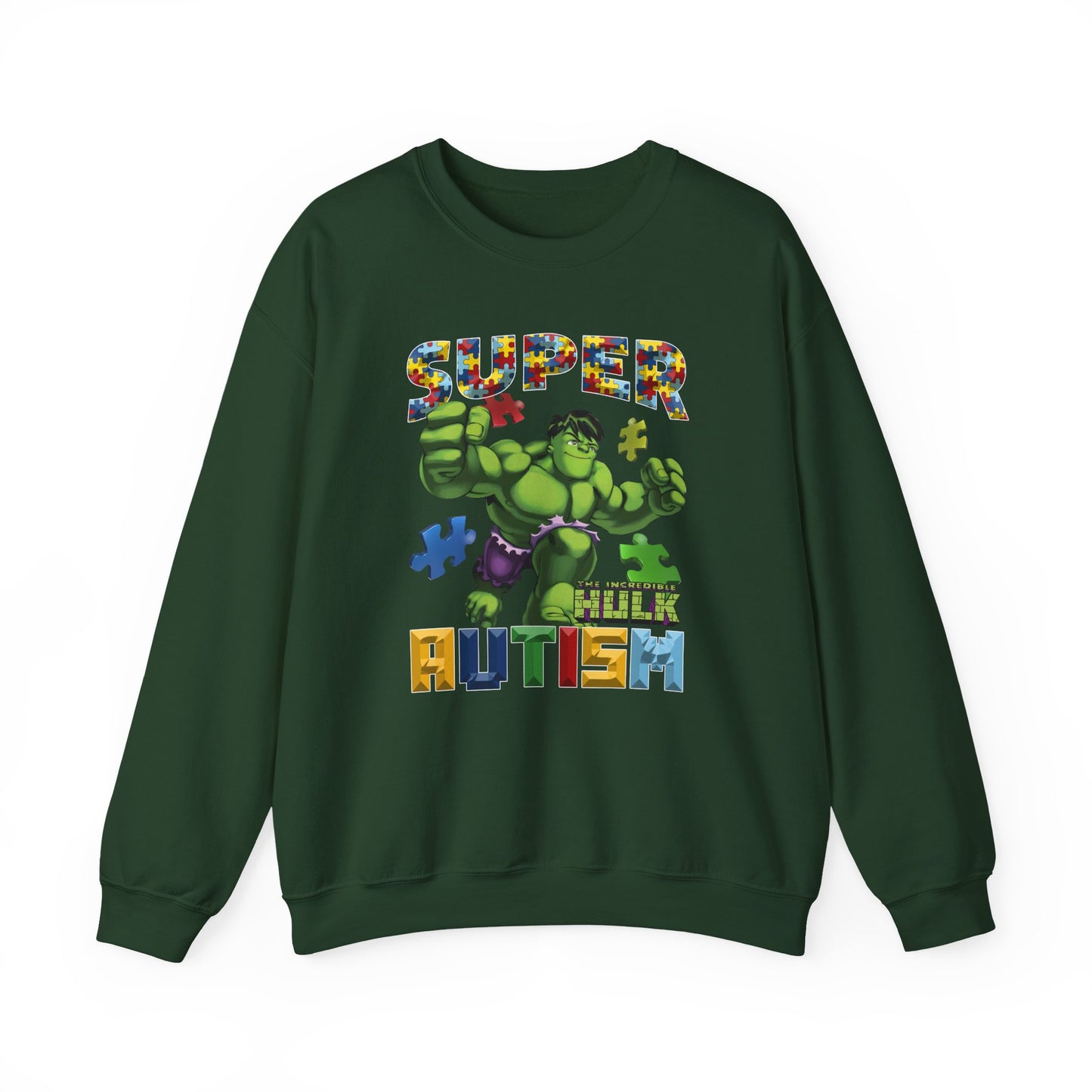 Autism Superhero Sweatshirt — "Super Autism" Puzzle-Print Crewneck