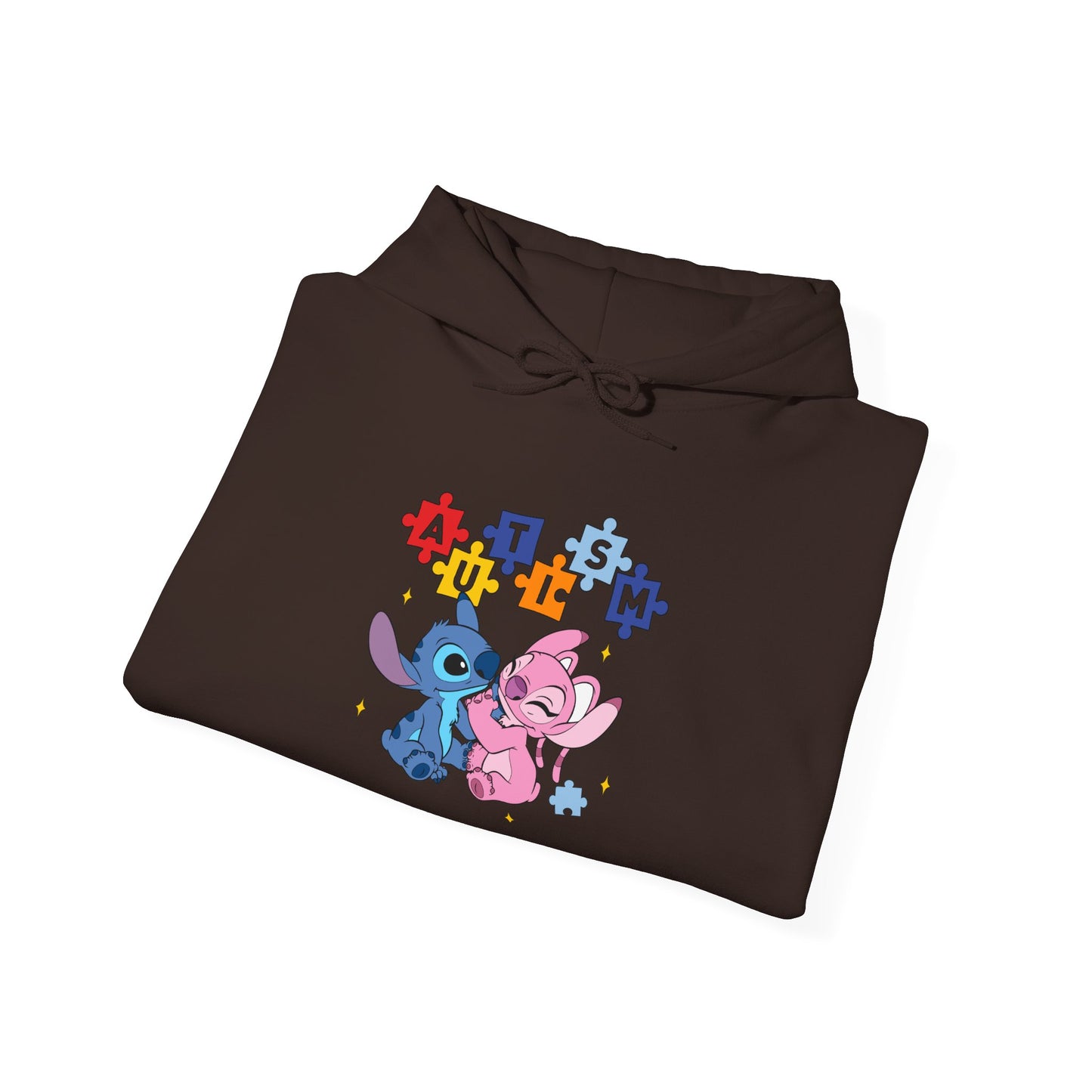 Cute Alien Pals Hoodie — Pink & Blue Cartoon Stitch-Style Characters with Puzzle Heart