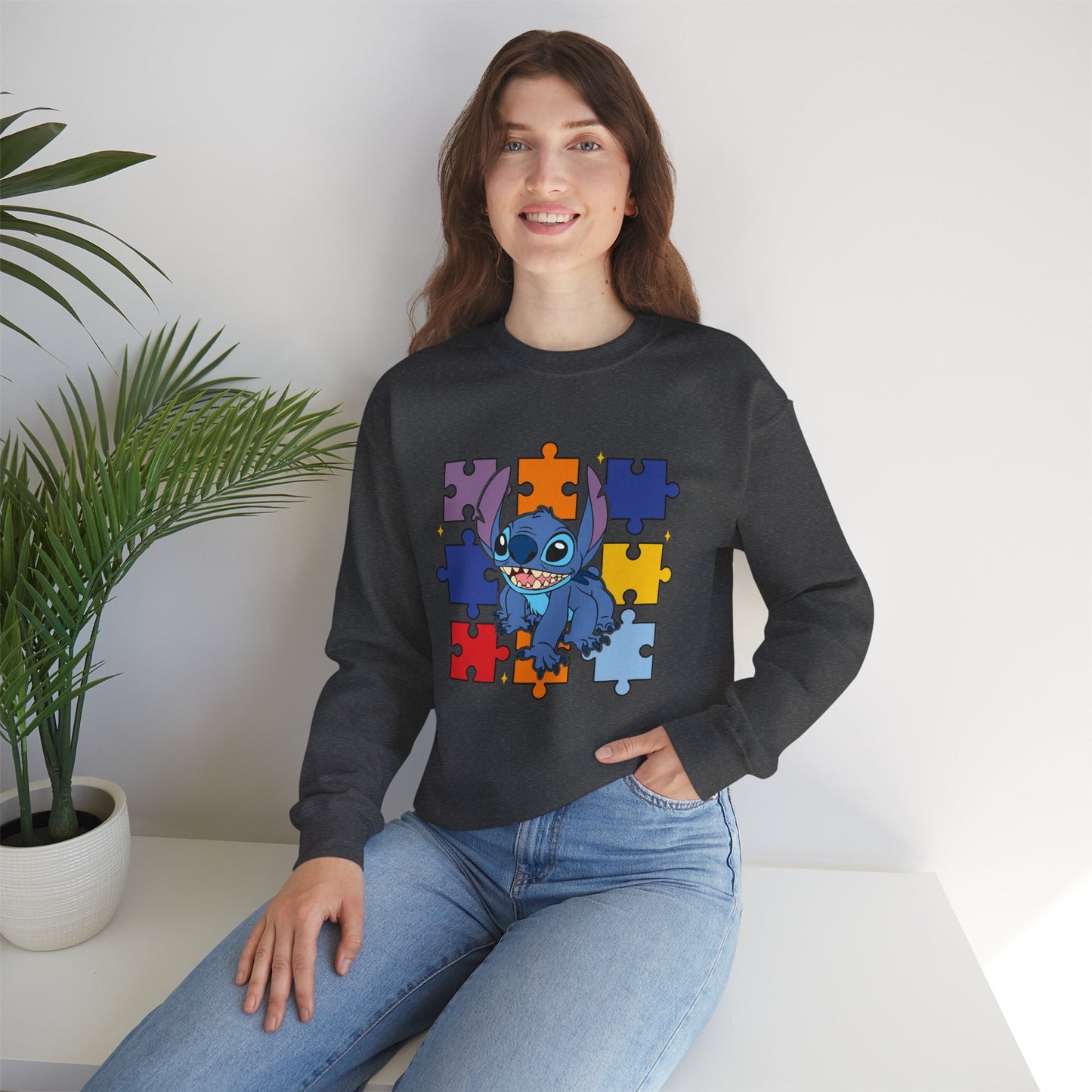 Stitch Puzzle Crewneck Sweatshirt — Cute Blue Alien on Colorful Jigsaw Design