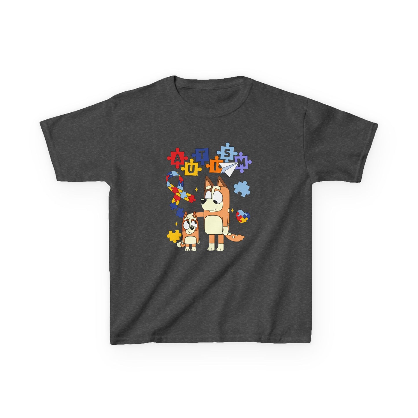 Kids Autism Awareness T-Shirt — Colorful Puzzle Heart & Cartoon Dog Design