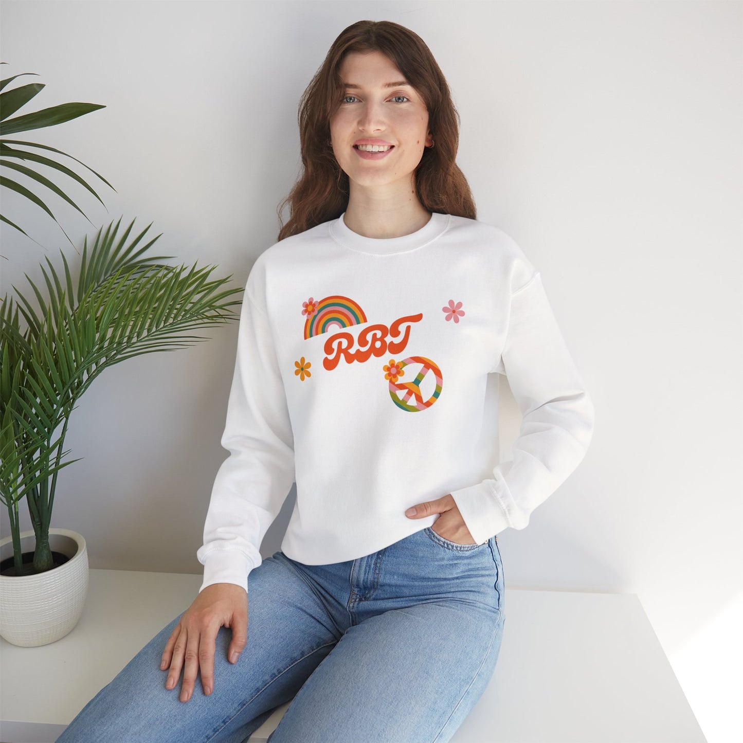 Retro Peace Rainbow Crewneck Sweatshirt — RBT Floral Groovy Design