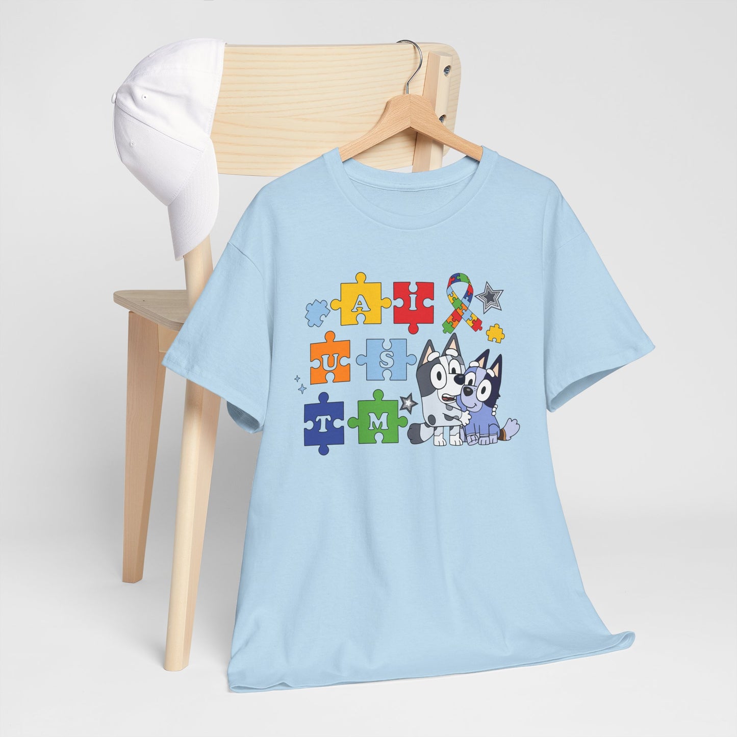 Autism Awareness Puzzle Pieces T-Shirt with Cute Husky & Ribbon