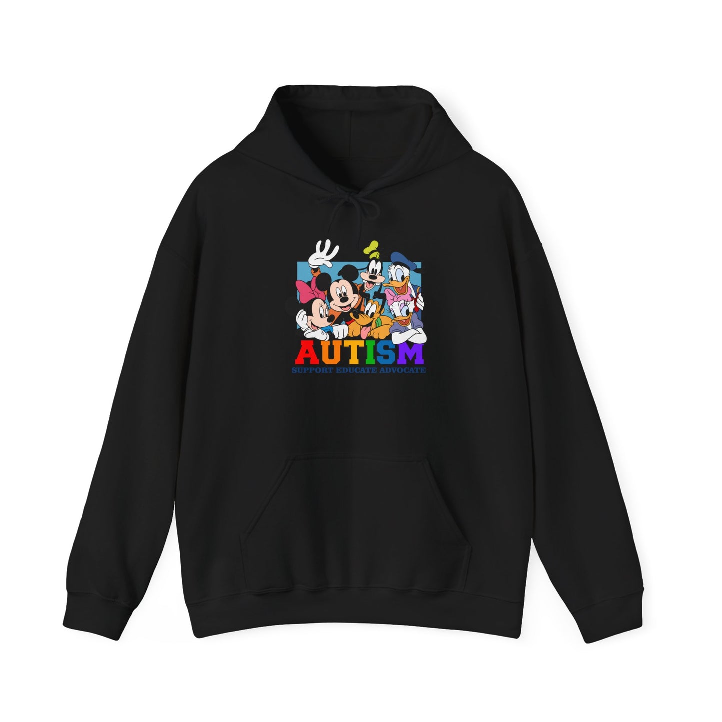 Autism Awareness Hoodie – Colorful Cartoon Characters 'Autism Support, Educate, Advocate'
