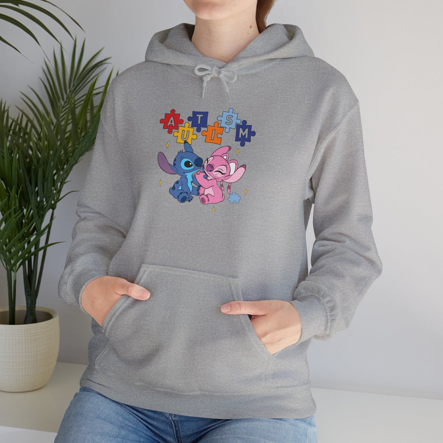 Cute Alien Pals Hoodie — Pink & Blue Cartoon Stitch-Style Characters with Puzzle Heart