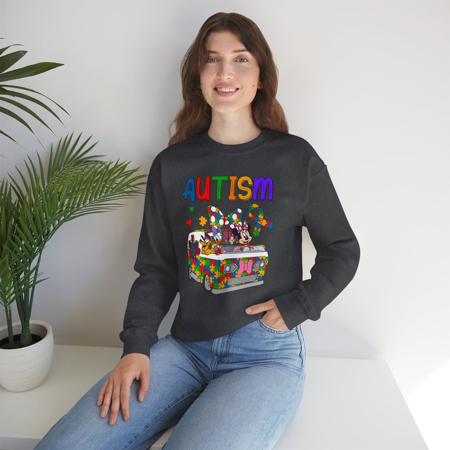 Autism Awareness Crewneck Sweatshirt — Colorful Puzzle Van Design