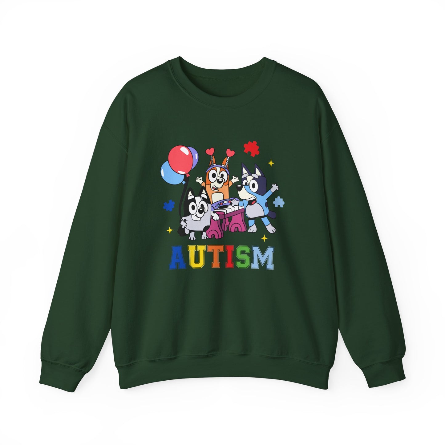 Autism Support Crewneck Sweatshirt — Colorful Bluey-Style Characters & 'AUTISM' Design