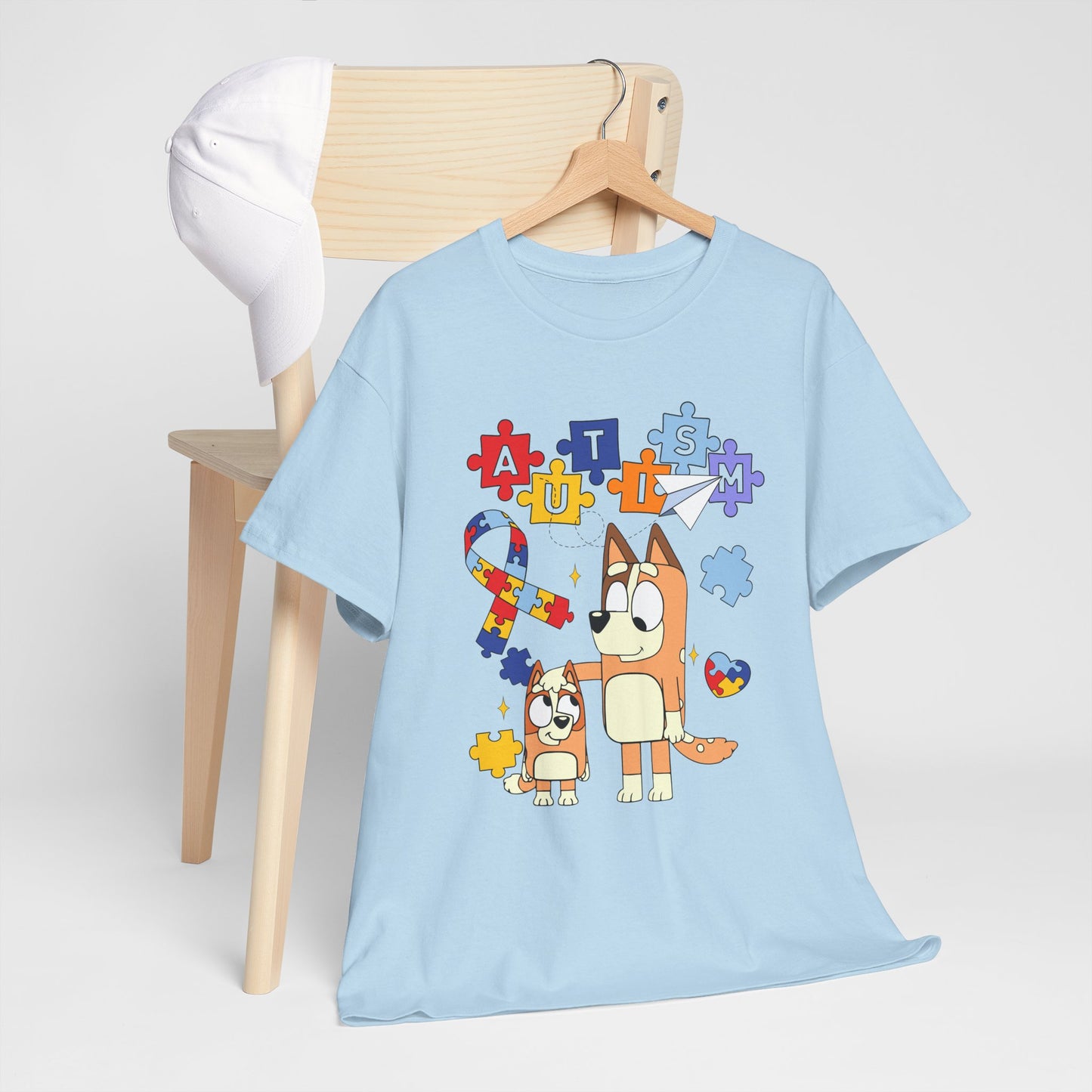 Autism Awareness Puzzle Ribbon Tee — Cute Red Dog Family Design
