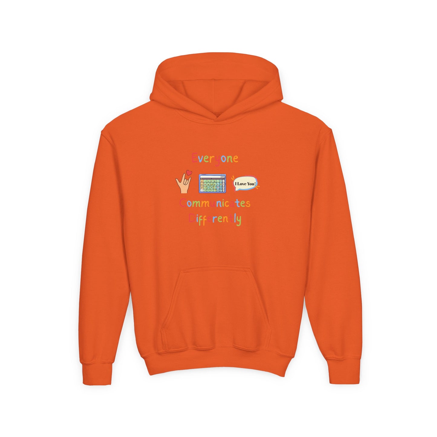 Youth Hoodie — "Everyone Communicates Differently" AAC Awareness Hoodie