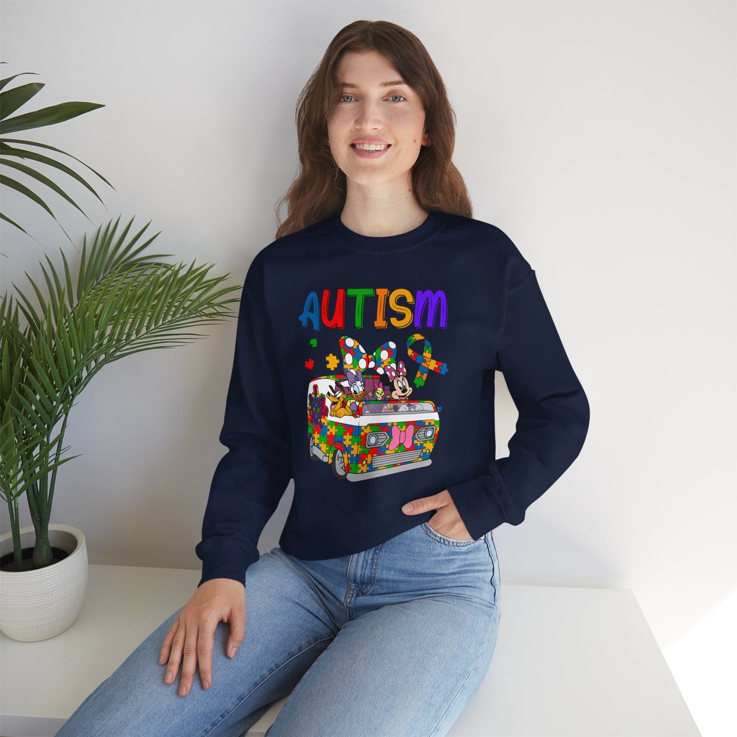 Autism Awareness Crewneck Sweatshirt — Colorful Puzzle Van Design