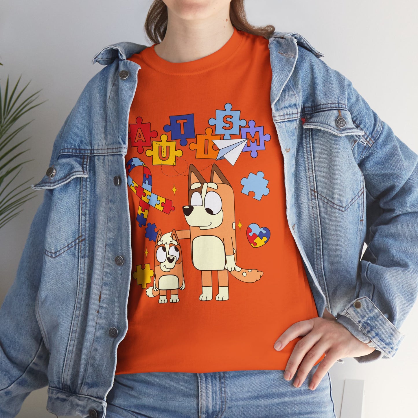 Autism Awareness Puzzle Ribbon Tee — Cute Red Dog Family Design