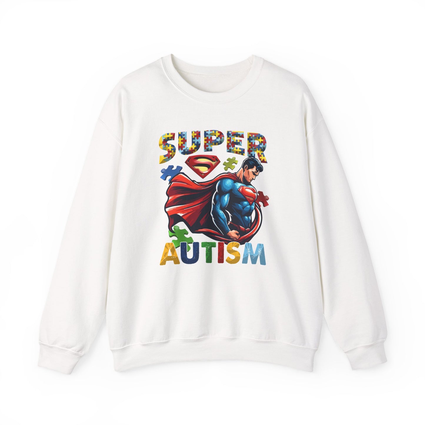 Autism Awareness Crewneck Sweatshirt – "Super Autism" Puzzle-Print Superhero Design