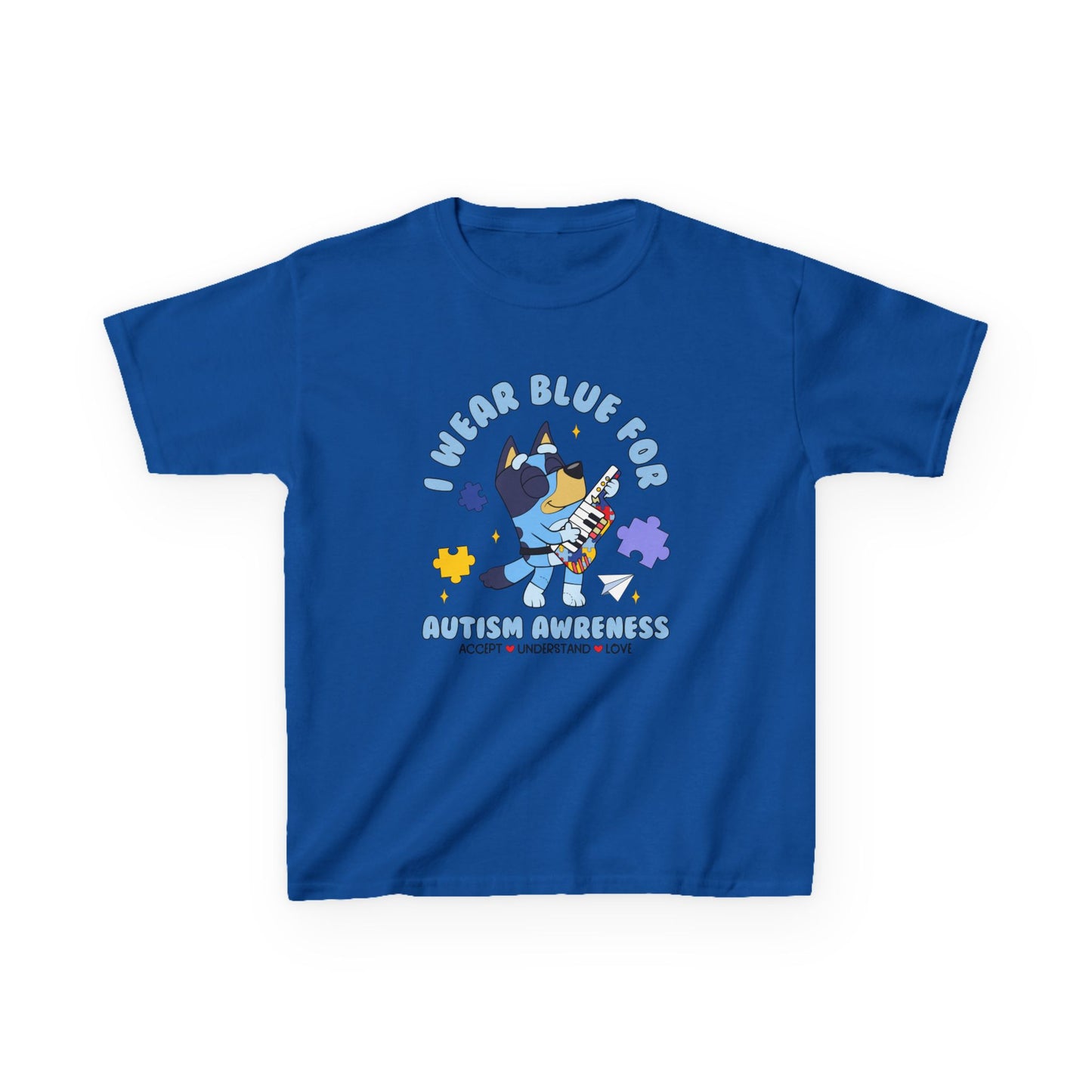 Kids Tee — 'I Wear Blue for Autism Awareness' Cute Puzzle-Heart Design
