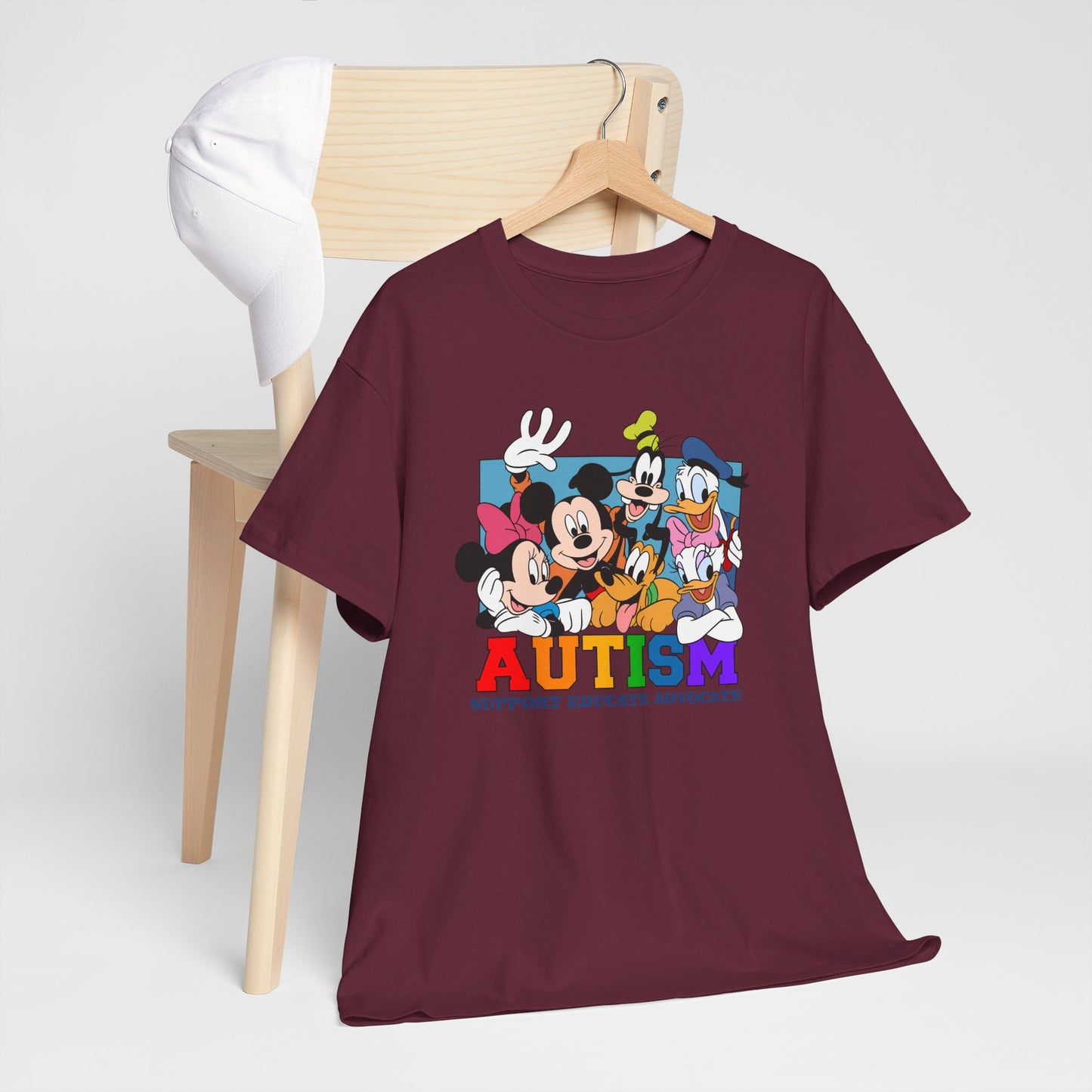 Autism Awareness T-Shirt — "AUTISM: Support Educate Advocate" with Cartoon Characters
