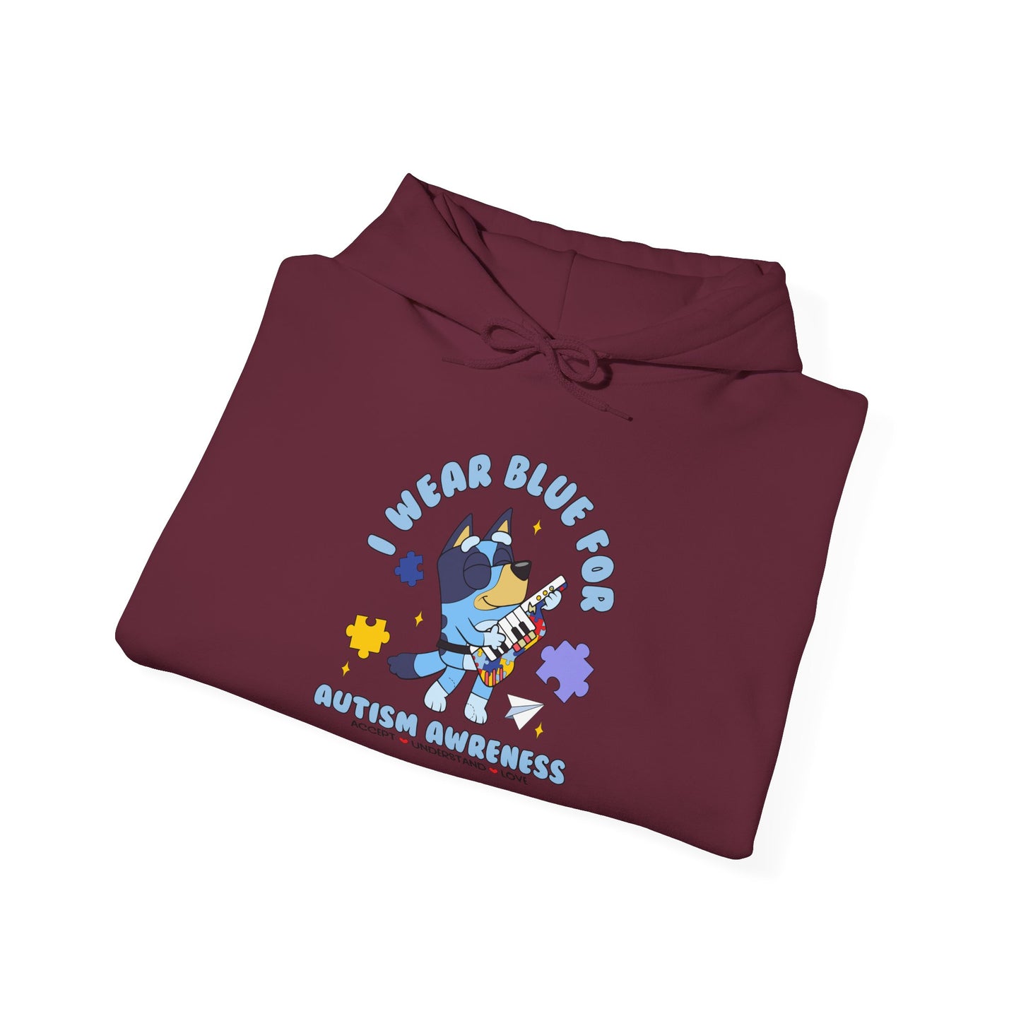 Hoodie — Cute Blue Dog “I Wear Blue for Autism” Graphic Hoodie (Cozy Pet Lover Gift)