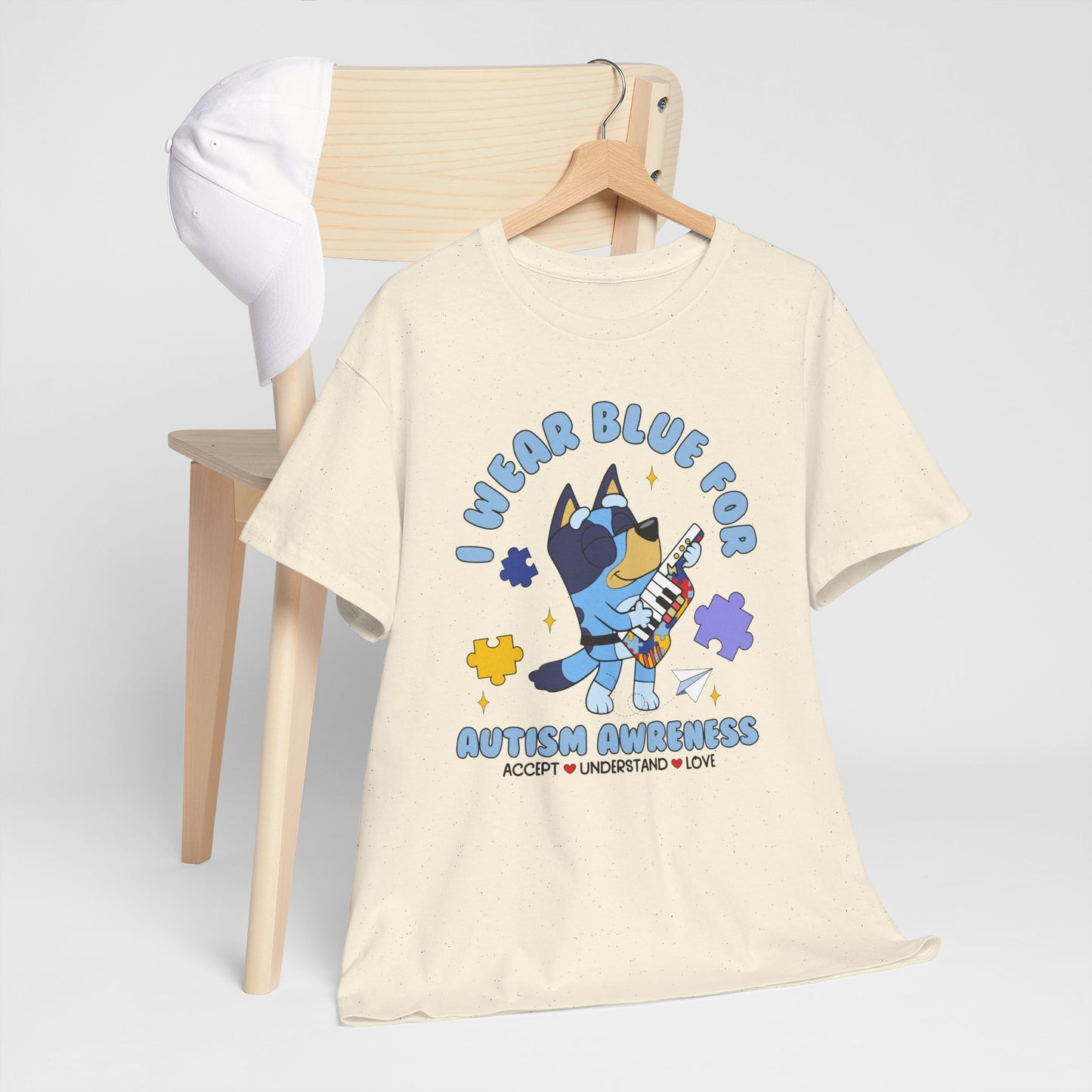 Autism Awareness T-Shirt — "I Wear Blue For" Cute Cat Puzzle Design