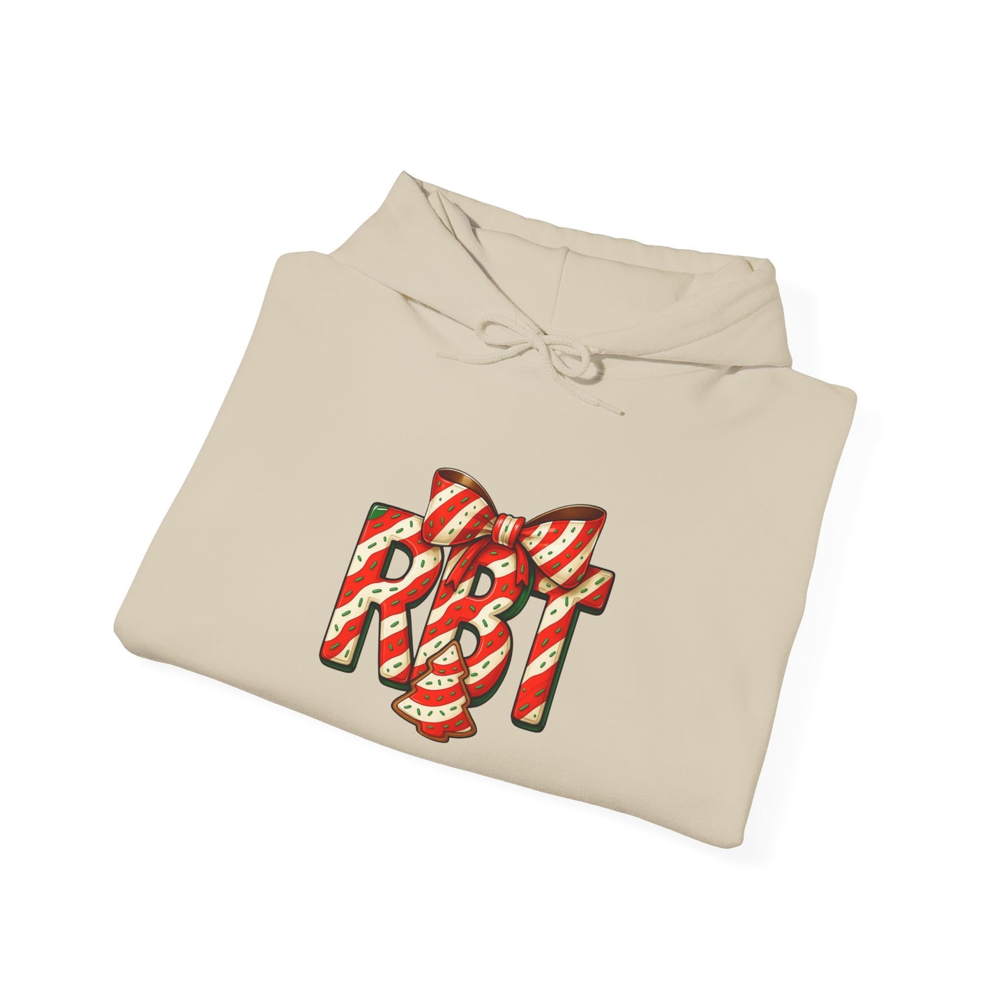 Lil Debbie 'RBT' Tree Cake Holiday Graphic Hoodie — Festive Red Striped Bow Holiday Sweatshirt